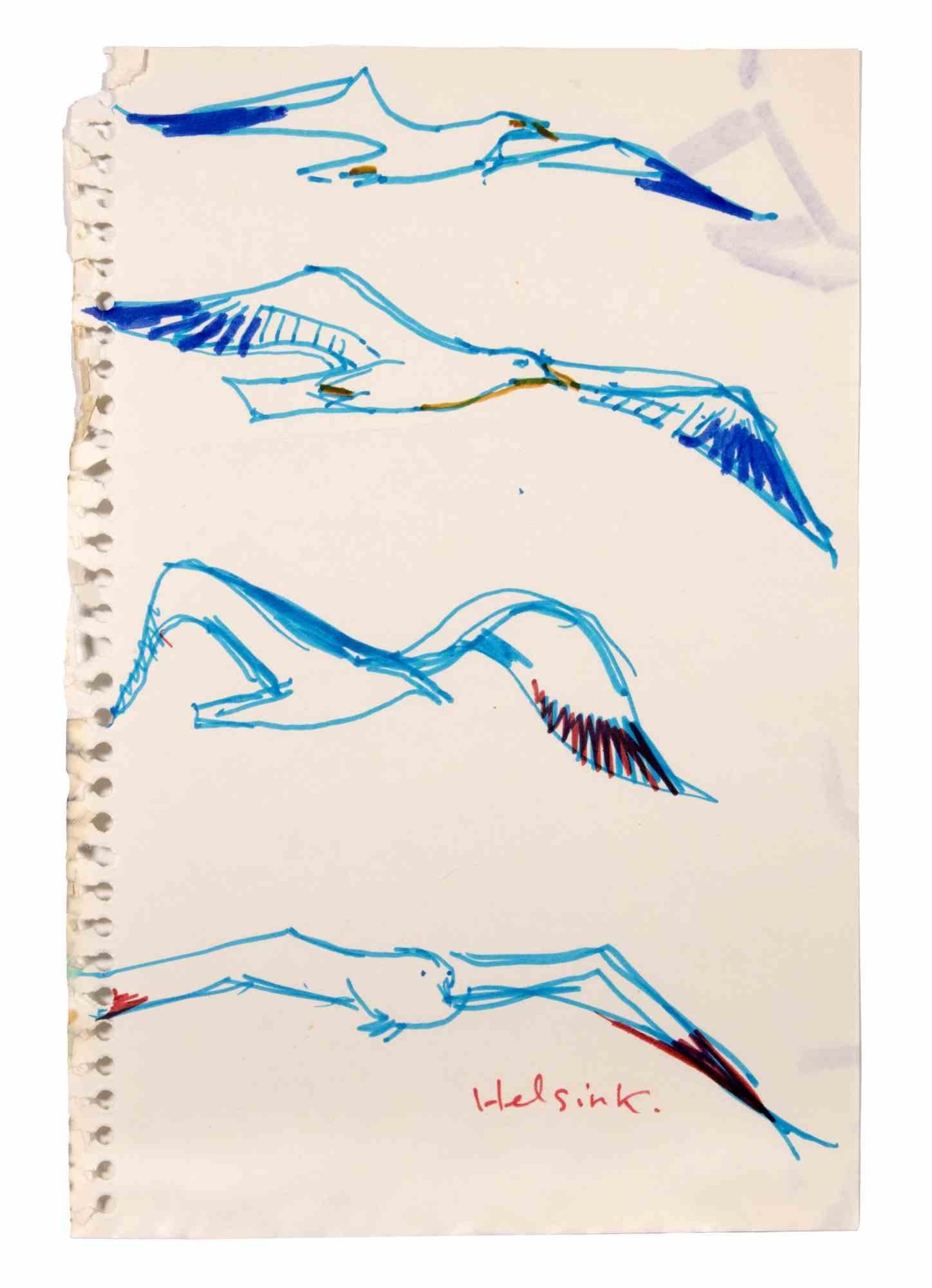 Vogelfiguren – Zeichnung von Reynold Arnould – 1970