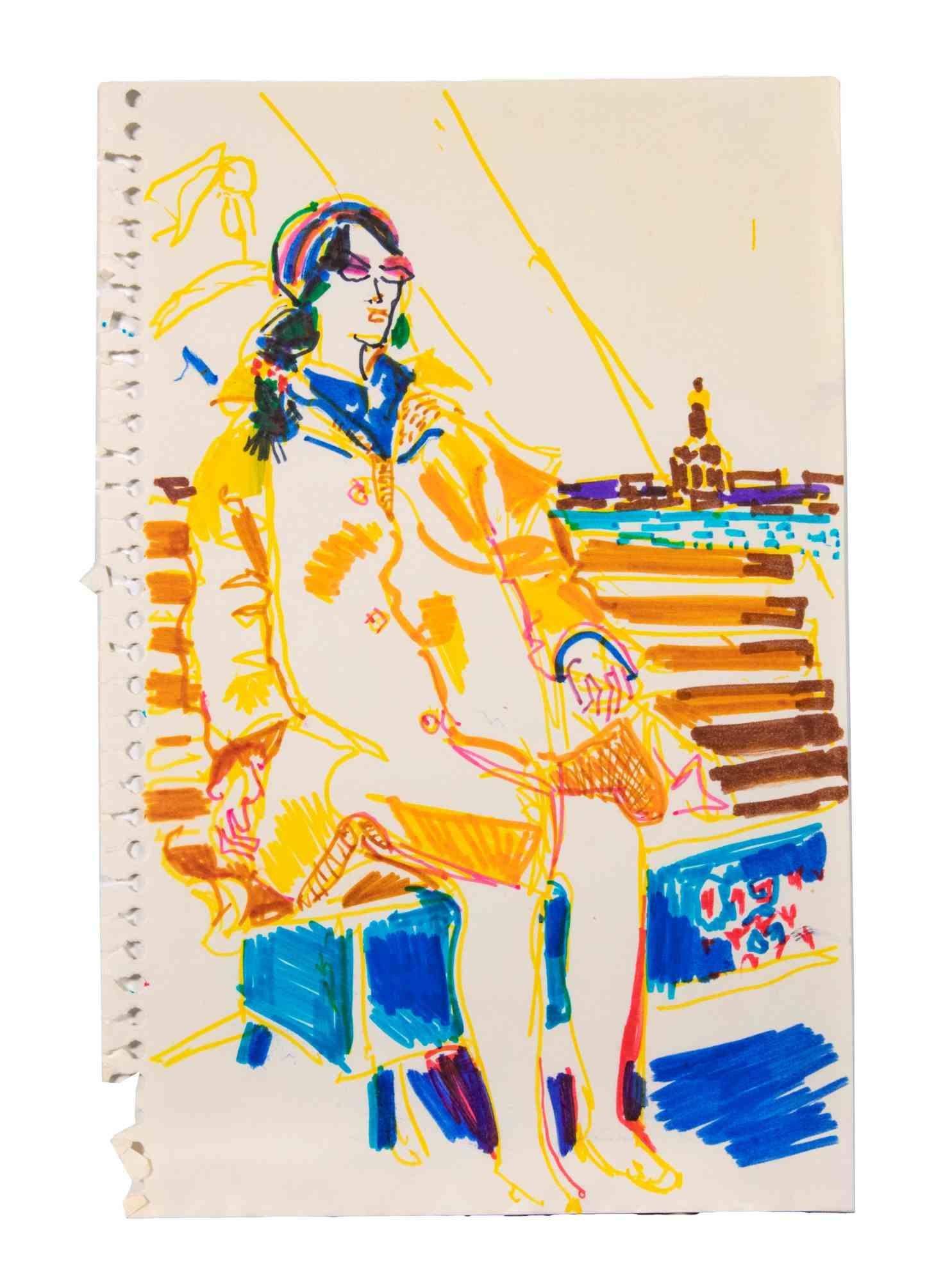 Girl is a Color Markers Drawing realized by  Reynold Arnould  (Le Havre 1919 - Parigi 1980).

Good condition on a little sheet of a notebook.

No signature.

Reynold Arnould was born in Le Havre, France in 1919. He studied at l'École des Beaux-Arts