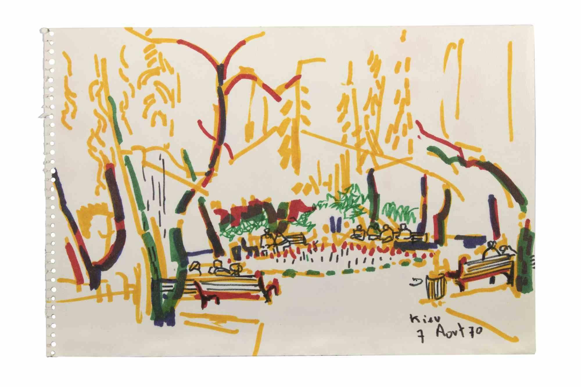 Kiev is a Watercolour and Color Marker Drawing realized by  Reynold Arnould  (Le Havre 1919 - Parigi 1980).

Good condition and vivid colors on a sheet of a notebook.

No Signature, titled and dated on the lower right corner.

Reynold Arnould was