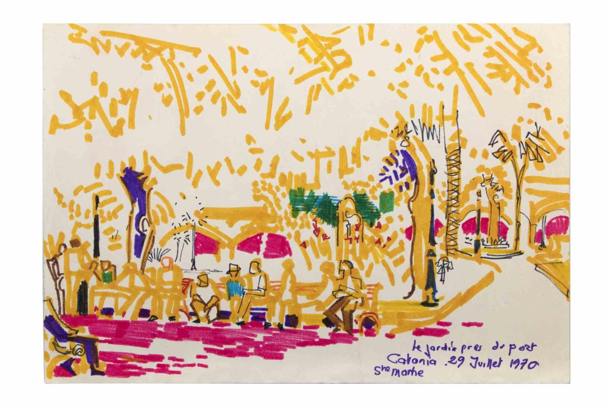 Le Jardin Près du Port de Catania - Zeichnung von Reynold Arnould - 1970