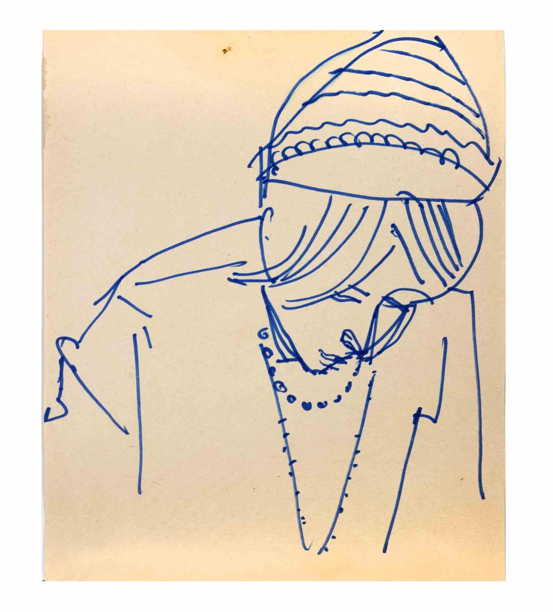 Porträt einer Frau ist eine blaue Marker-Zeichnung realisiert von  Reynold Arnould  (Le Havre 1919 - Paris 1980).

Guter Zustand auf einem vergilbten kleinen Blatt.

Keine Unterschrift.

Reynold Arnould wurde 1919 in Le Havre, Frankreich, geboren.