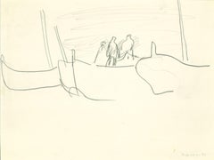 Barco en Venecia - Dibujo original a lápiz de Herta Hausmann - Mediados del siglo XX