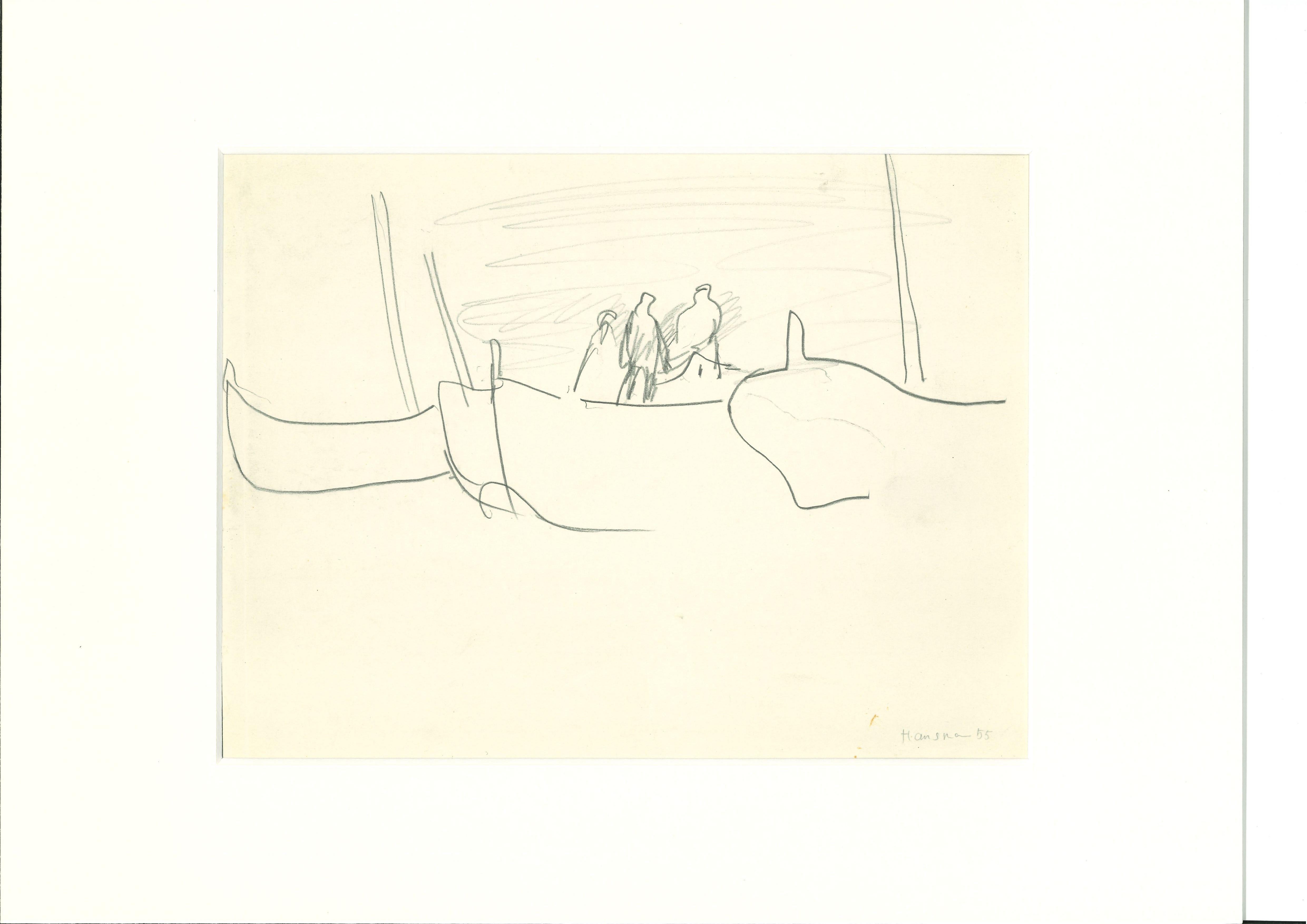 Bateau à Venise - Dessin au crayon original de Herta Hausmann - Milieu du 20e siècle en vente 1