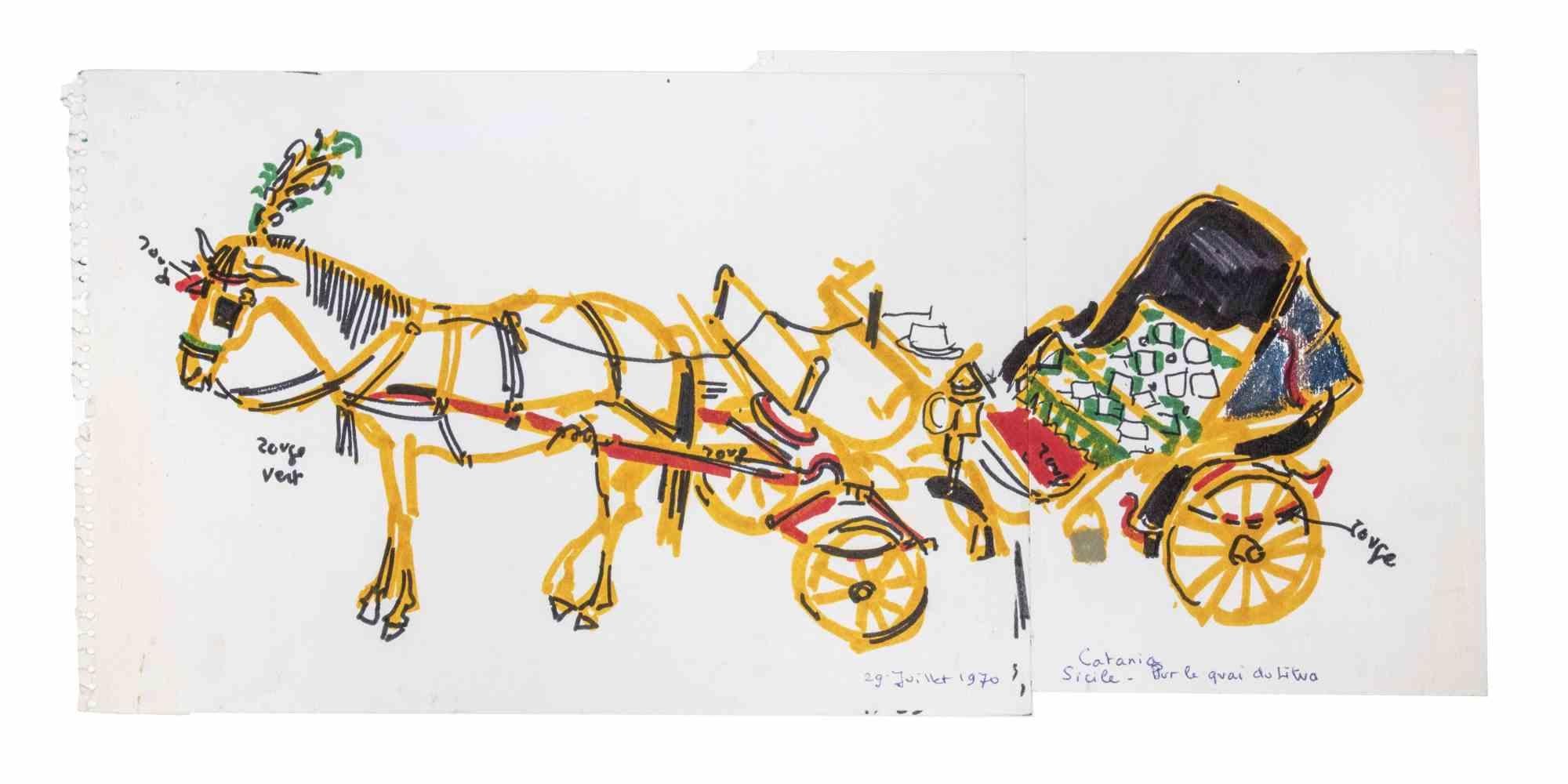 Sicilian Cart - Drawing By Reynold Arnould - 1970 For Sale 1