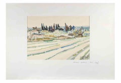 Landscape Watercolor Drawing, Modern Style, Signed, Circa 1970