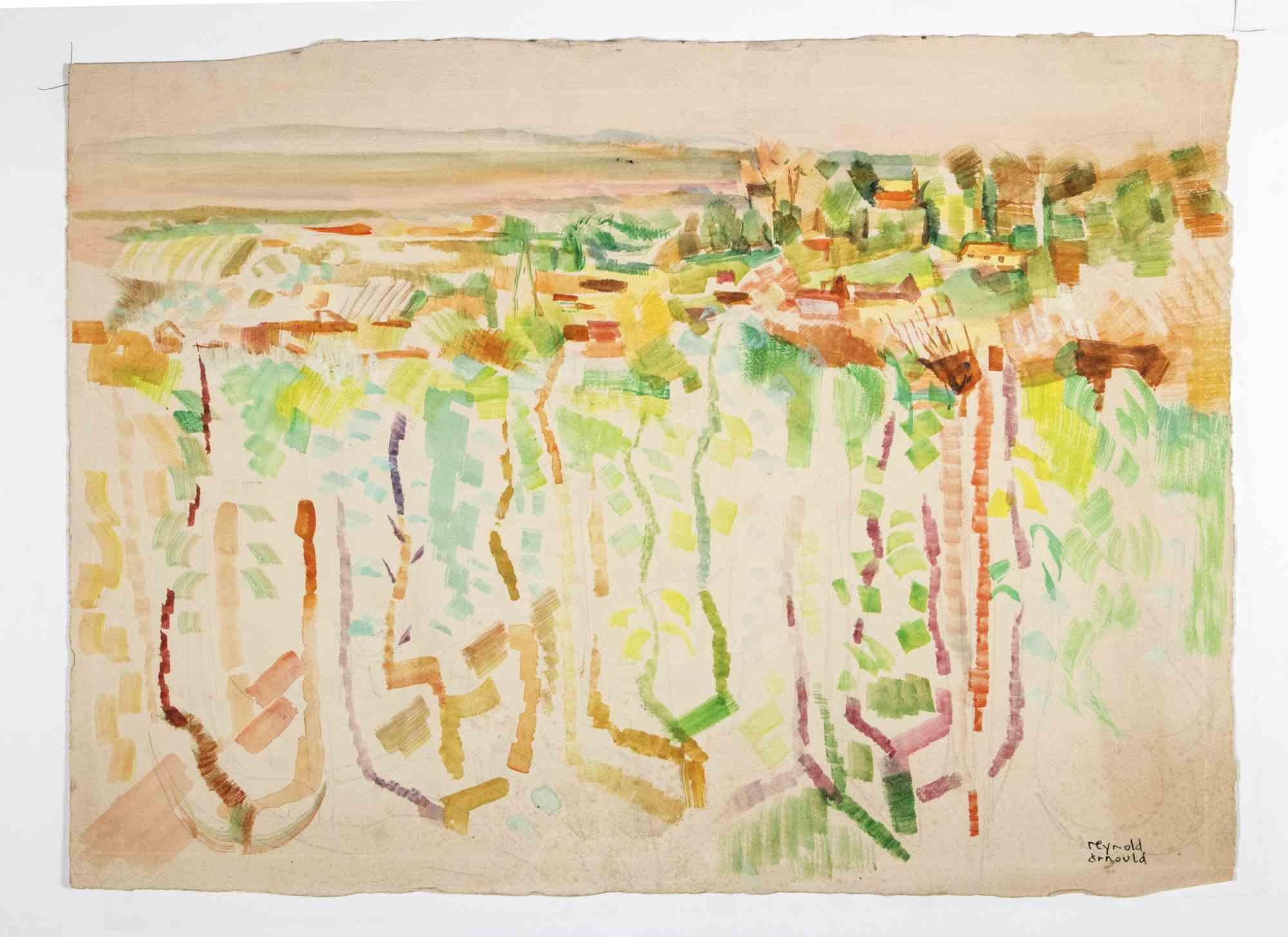 Paysage est un dessin à l'aquarelle réalisé par Reynold Arnould  (Le Havre 1919 - Parigi 1980).

En bon état, il est accompagné d'un passe-partout en carton blanc (70x51 cm).

Signé à la main dans le coin inférieur droit.

Reynold Arnould est né au