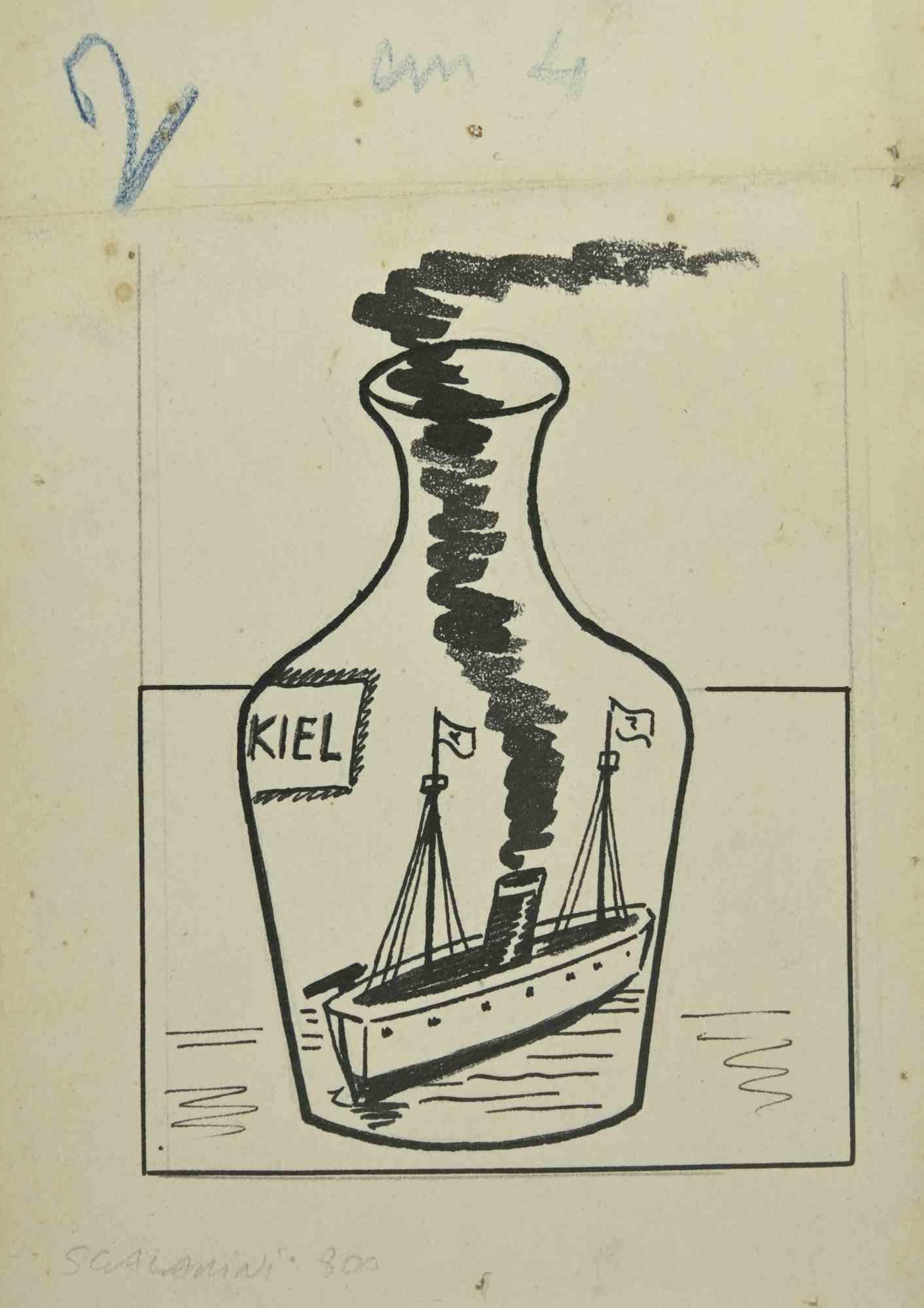 The Bottle is a drawing artwork in Black Marker on paper realized by Italian Artist Giuseppe Scalarini (Mantova, 29 Gennaio 1873 – Milano, 30 December 1948).

The state of preservation is good, except for some folding and foxing.

Giuseppe Scalarini