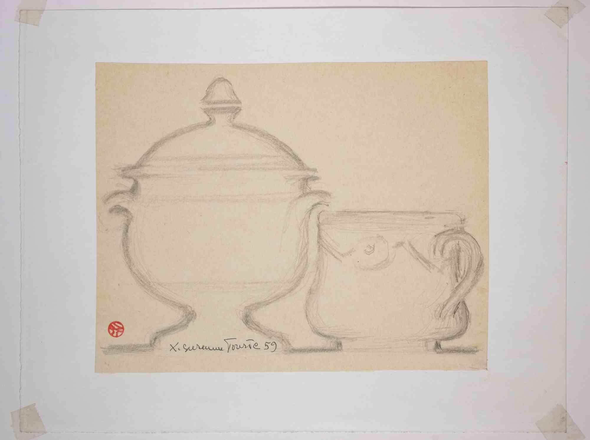 Stillleben ist eine Bleistiftzeichnung von Suzanne Tourte (1904-1979).

Guter Zustand auf vergilbtem Papier, mit einem weißen Passepartout aus Karton (37,5x55 cm).

Stempel signiert in der linken unteren Ecke.