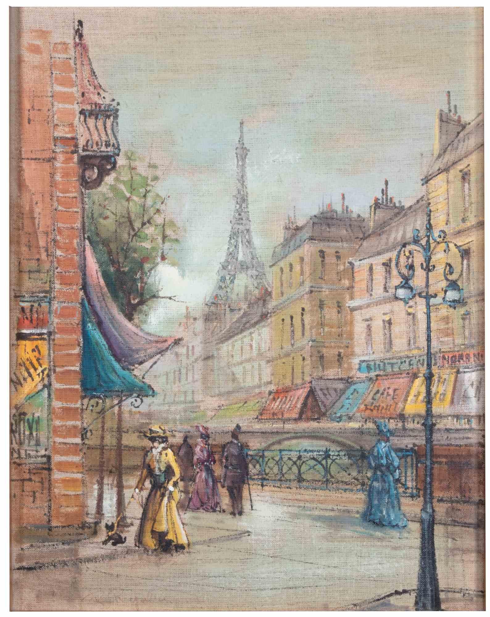 Paris et la belle époque is an artwork realized by Roberto Regalier in the mid-20th Century.

50X50 cm, 83 x 73 cm frame included.

Oil Pastel on canvas.

Signature in the lower part with certificate label on the rear.

Vertical prospective