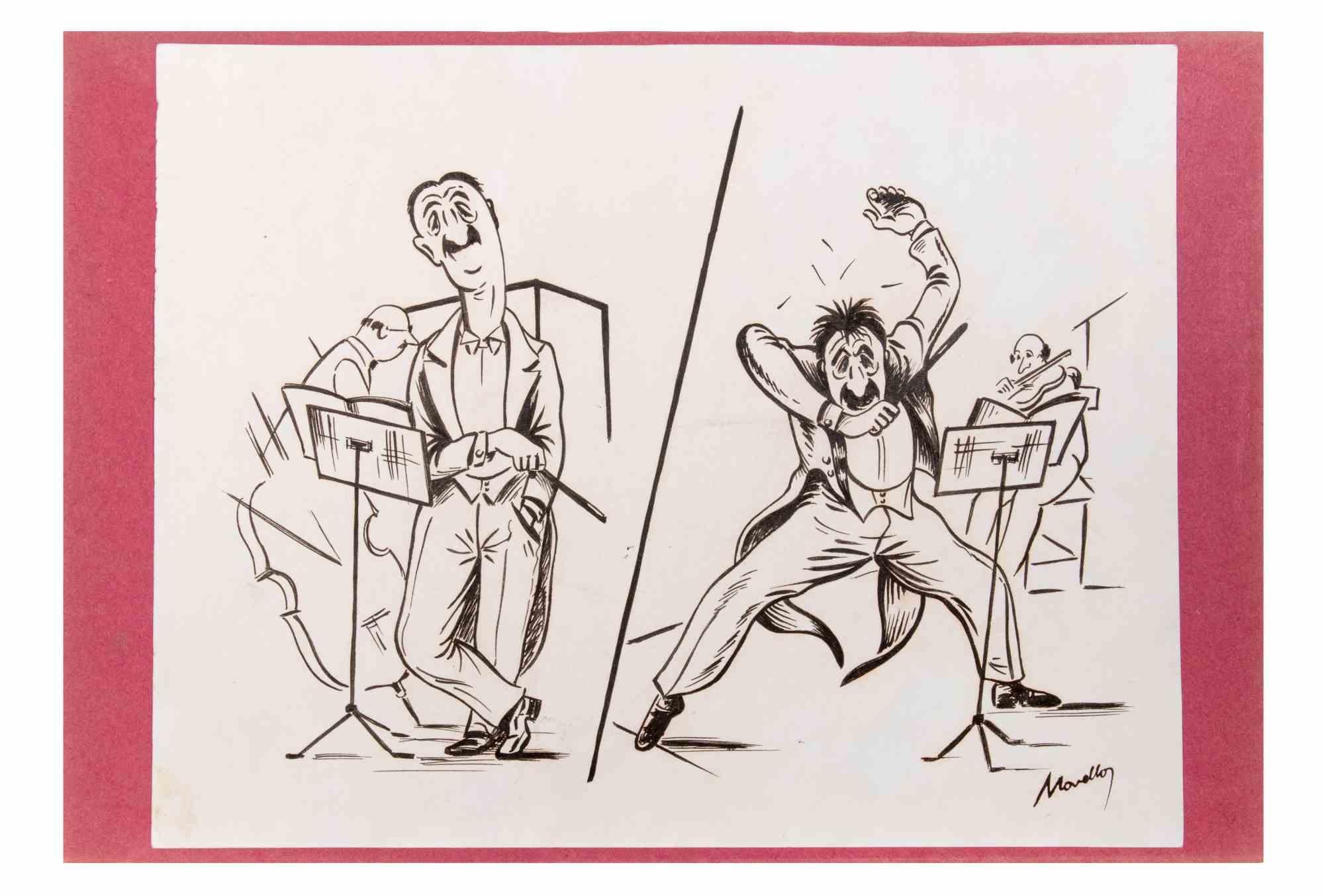 Zeichnung von Novello für den Zeichentrickfilm "Der Dirigent" über Verdi, Wagner und den Walzer "Du sollst mich nicht so lieben".

Tuschezeichnung. Handsigniert unten rechts. 21x30 cm. Gute Bedingungen.