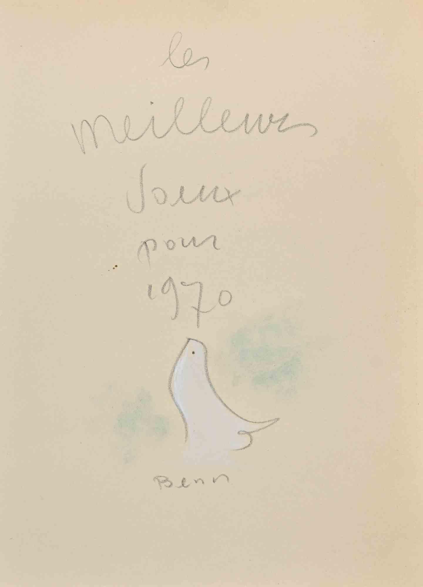 Bencjon Rabinowicz Animal Art – Vogel – Zeichnung von Benn – 1970