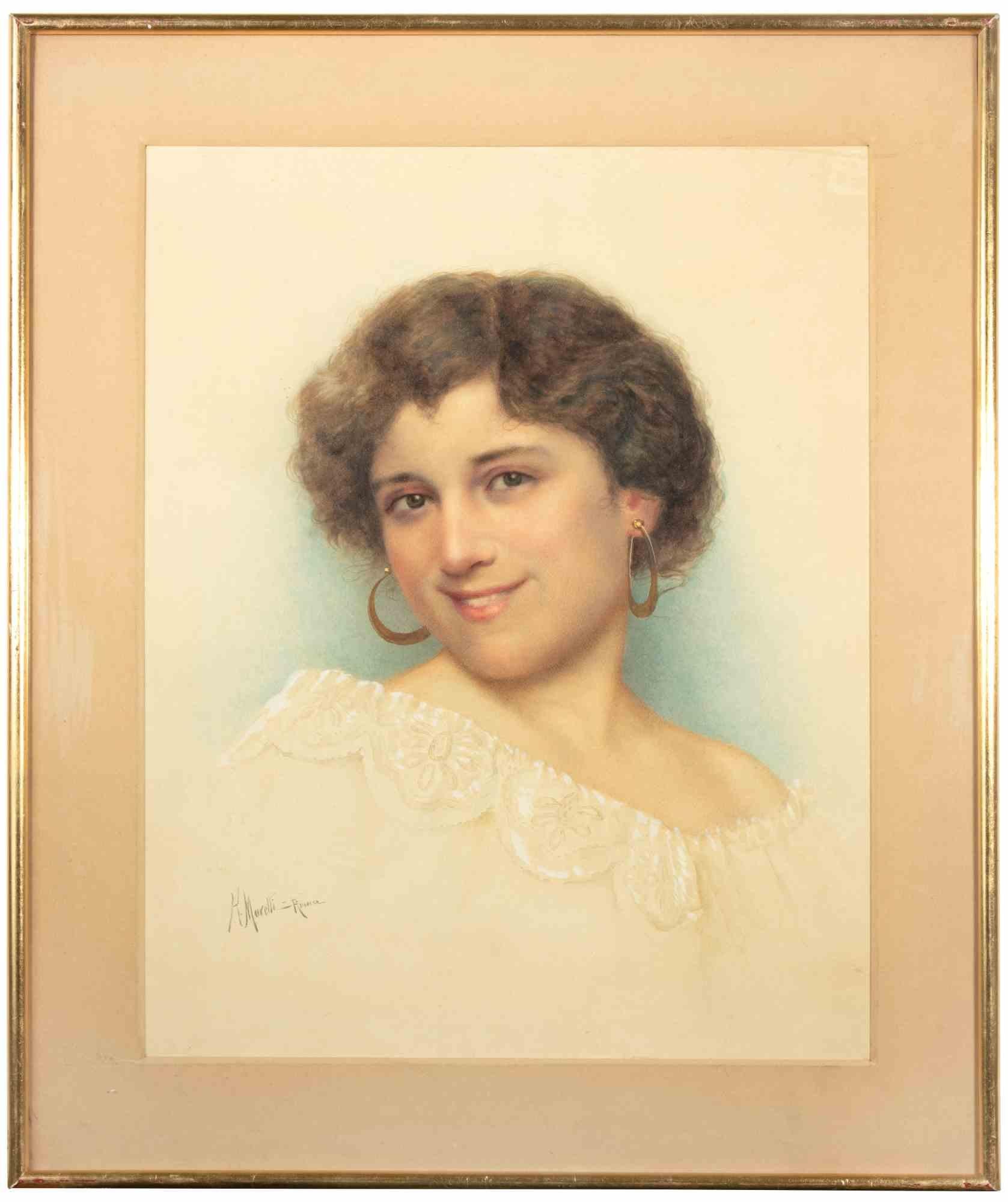Riccardo Moretti Figurative Art - Portrait of woman - Watercolor by R. Moretti - Early 20th Century