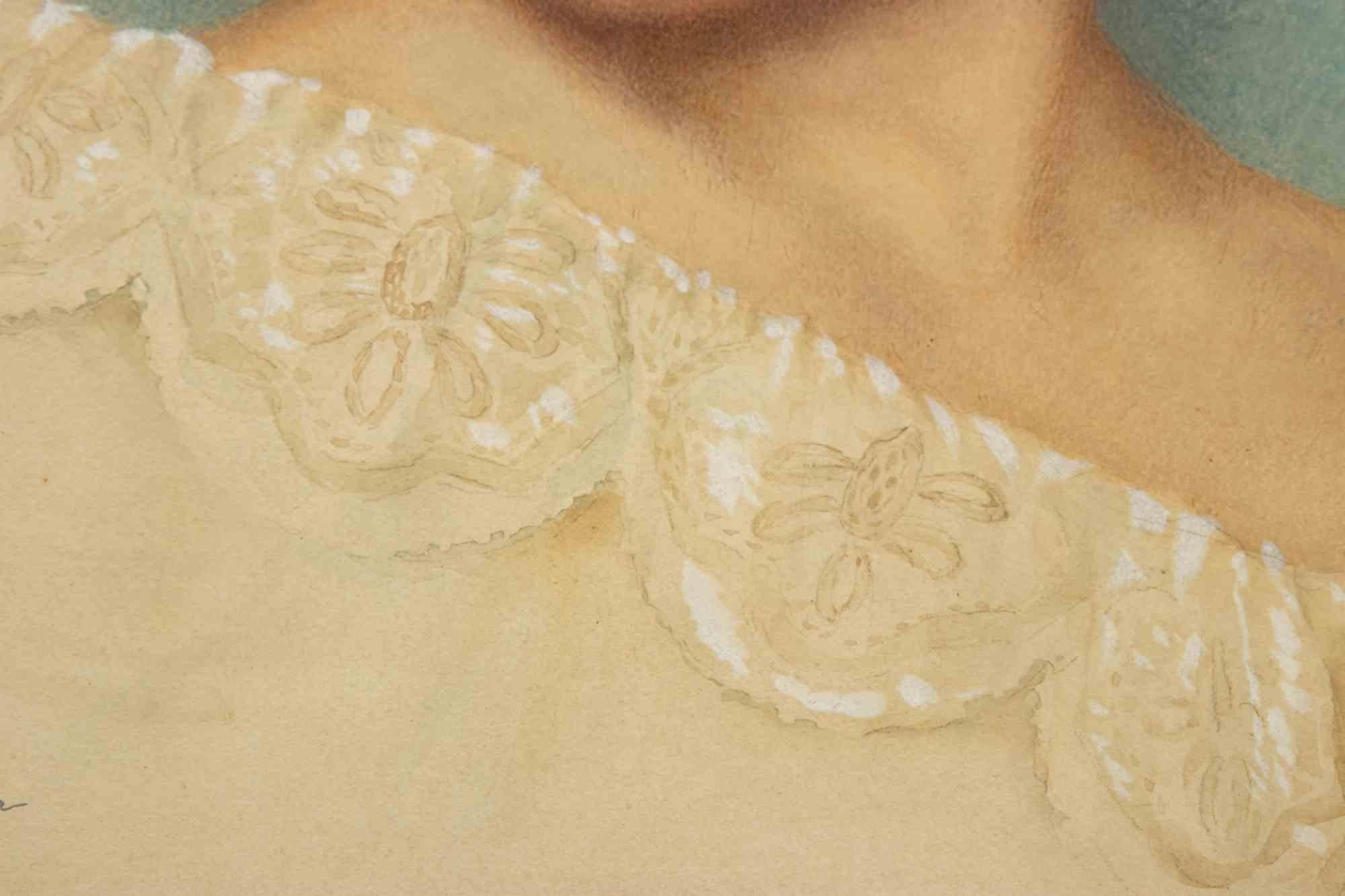 Ritratto di donna - Acquerello di R. Moretti - Inizio XX secolo - Figurative Art Beige di Riccardo Moretti