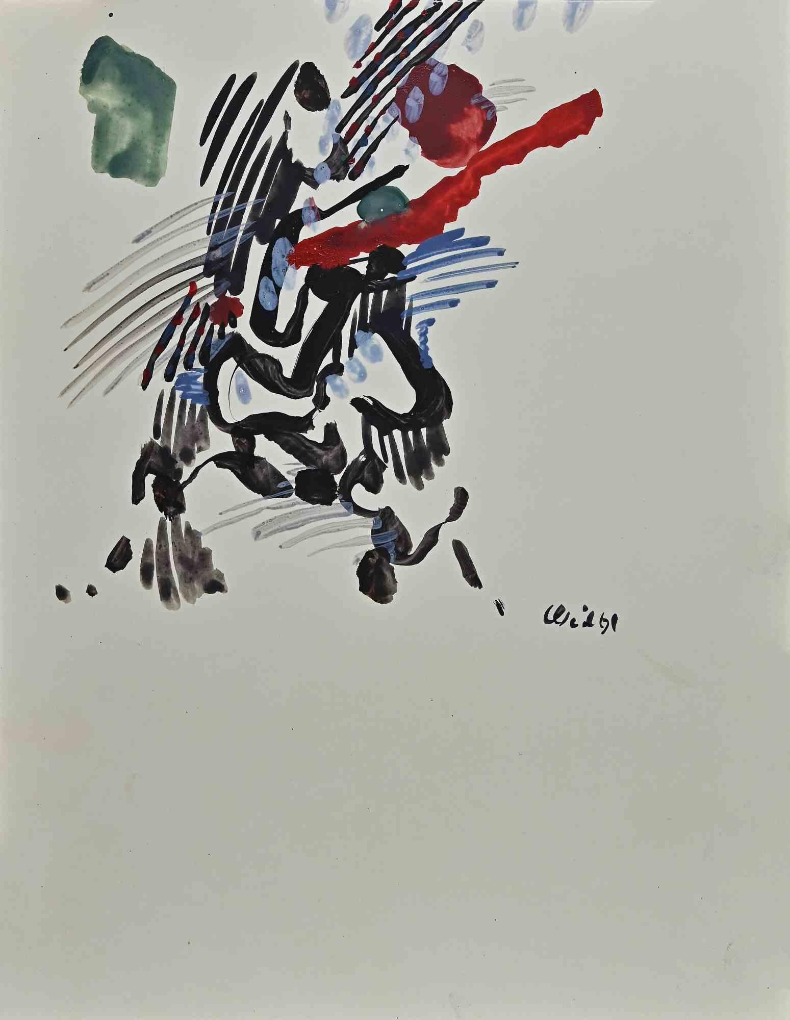 Unknown Abstract Drawing – Abstrakte Komposition – Aquarellzeichnung – 1950er Jahre