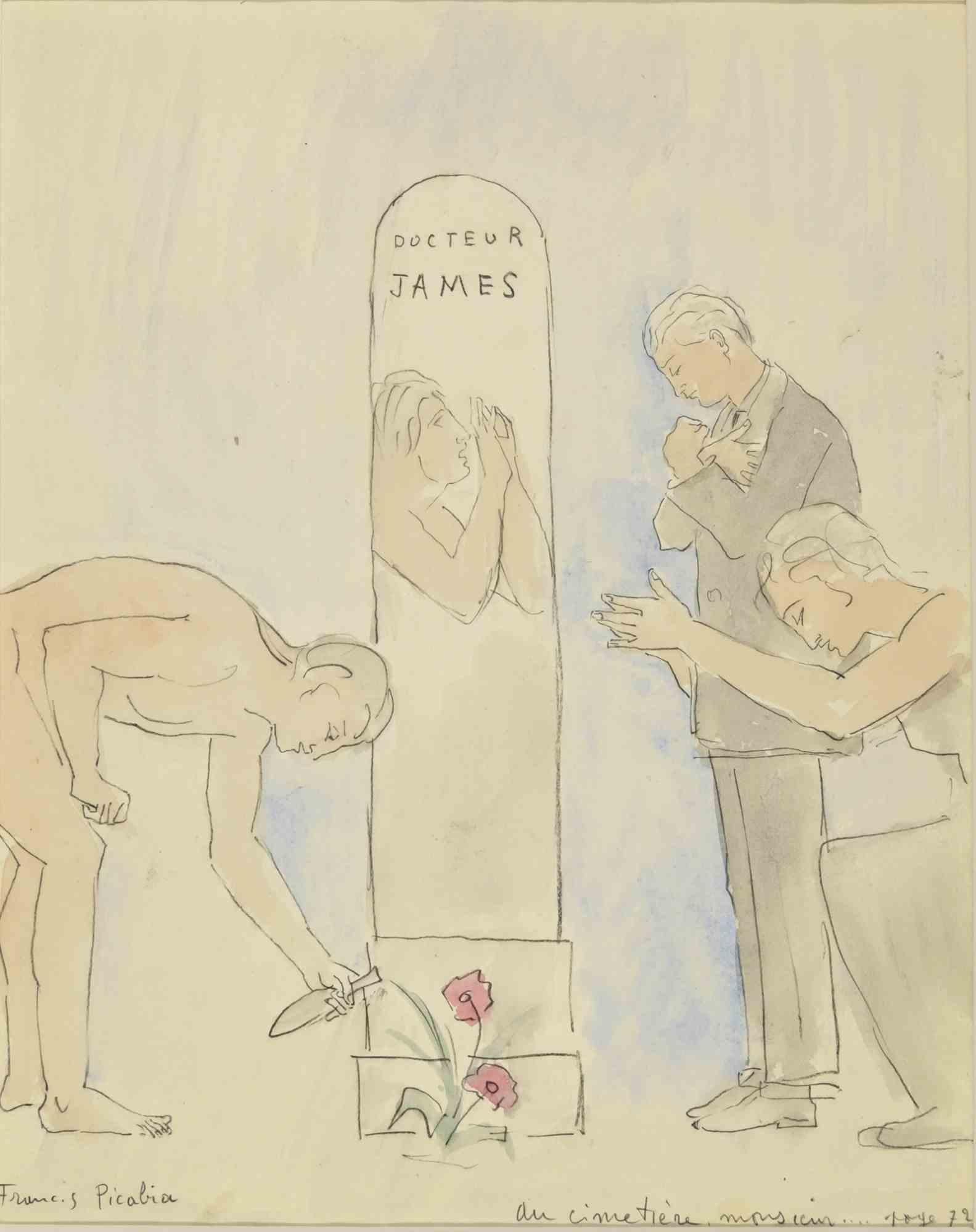 Francis Picabia Figurative Art - Au Cimetière Monsieur- Pencil and Watercolor on Paper by F. Picabia - 1931
