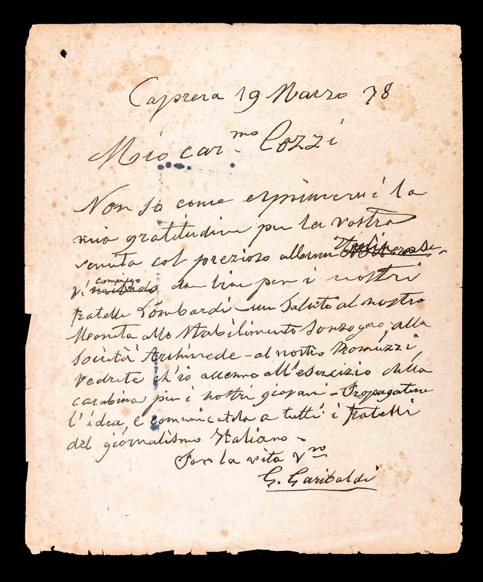 Original letter written by Giuseppe Garibaldi, signed lower right and dated Caprera, 19 March 1878.

He is probably addressing one of his "partisan brothers" showing great gratitude and urging him to give news (?) "to all the brothers of journalism