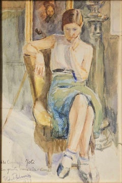 Vintage Seated Girl - Watercolor by Ugo De Palma - 1934