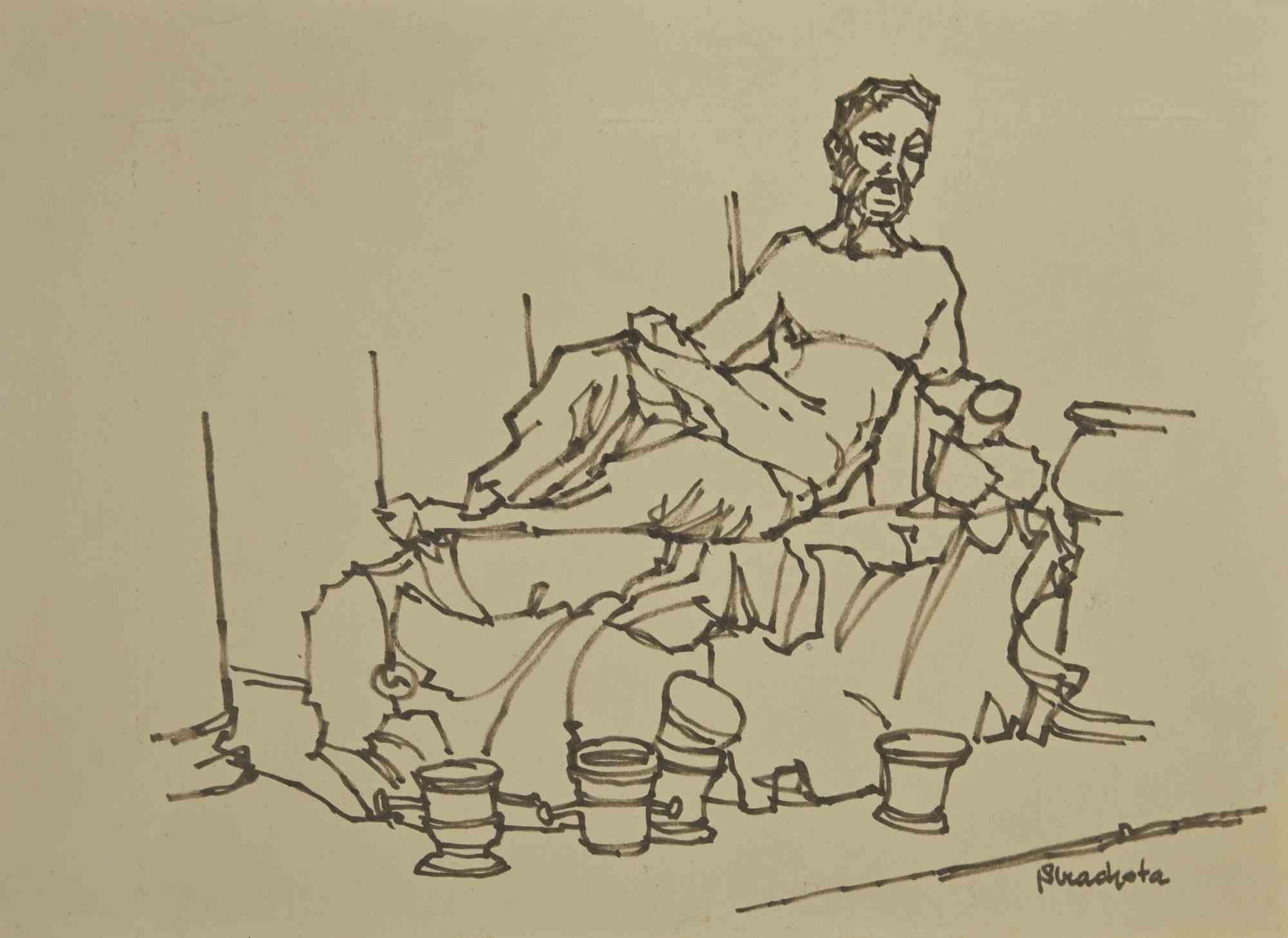 Unknown Figurative Art - The Man in Bed - Black Marker Drawing - Mid-20th Century