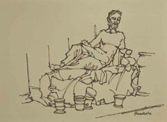 Vintage The Man in Bed - Black Marker Drawing - Mid-20th Century