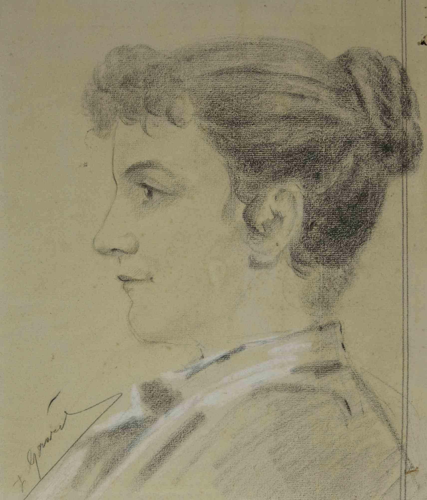 Unknown Figurative Art - Profile of Woman - Charcoal Drawing - Early 20th Century
