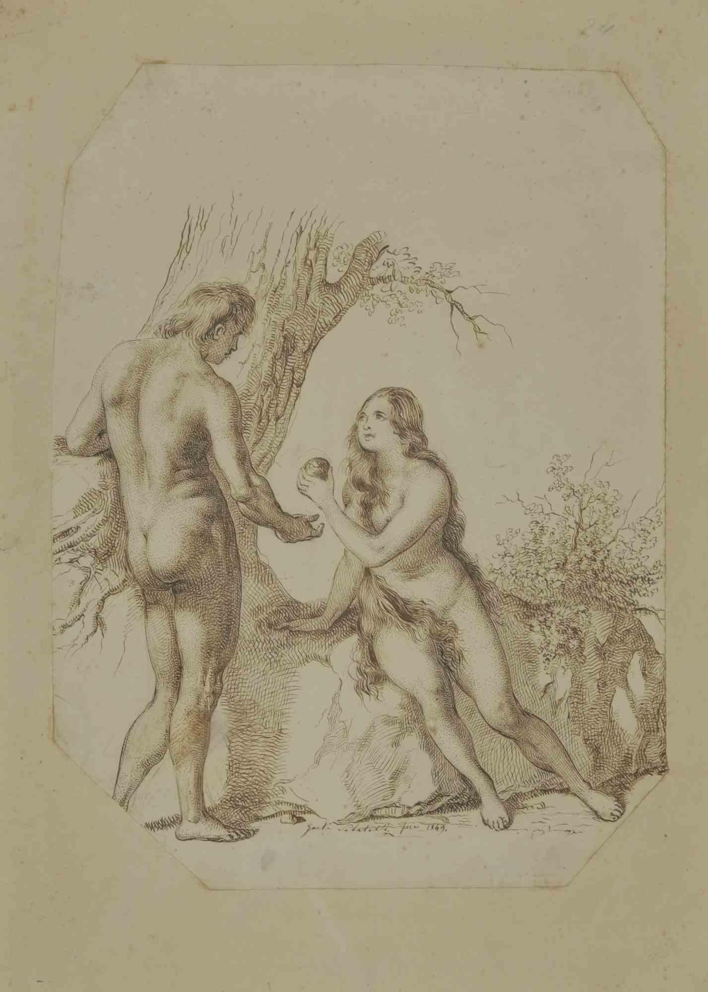 Luigi Sabatelli Figurative Art - Adam and Eve - Drawing - 1849