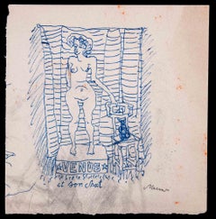 Retro Venus and Her Cat - Pen Drawing by Mino Maccari - 1950