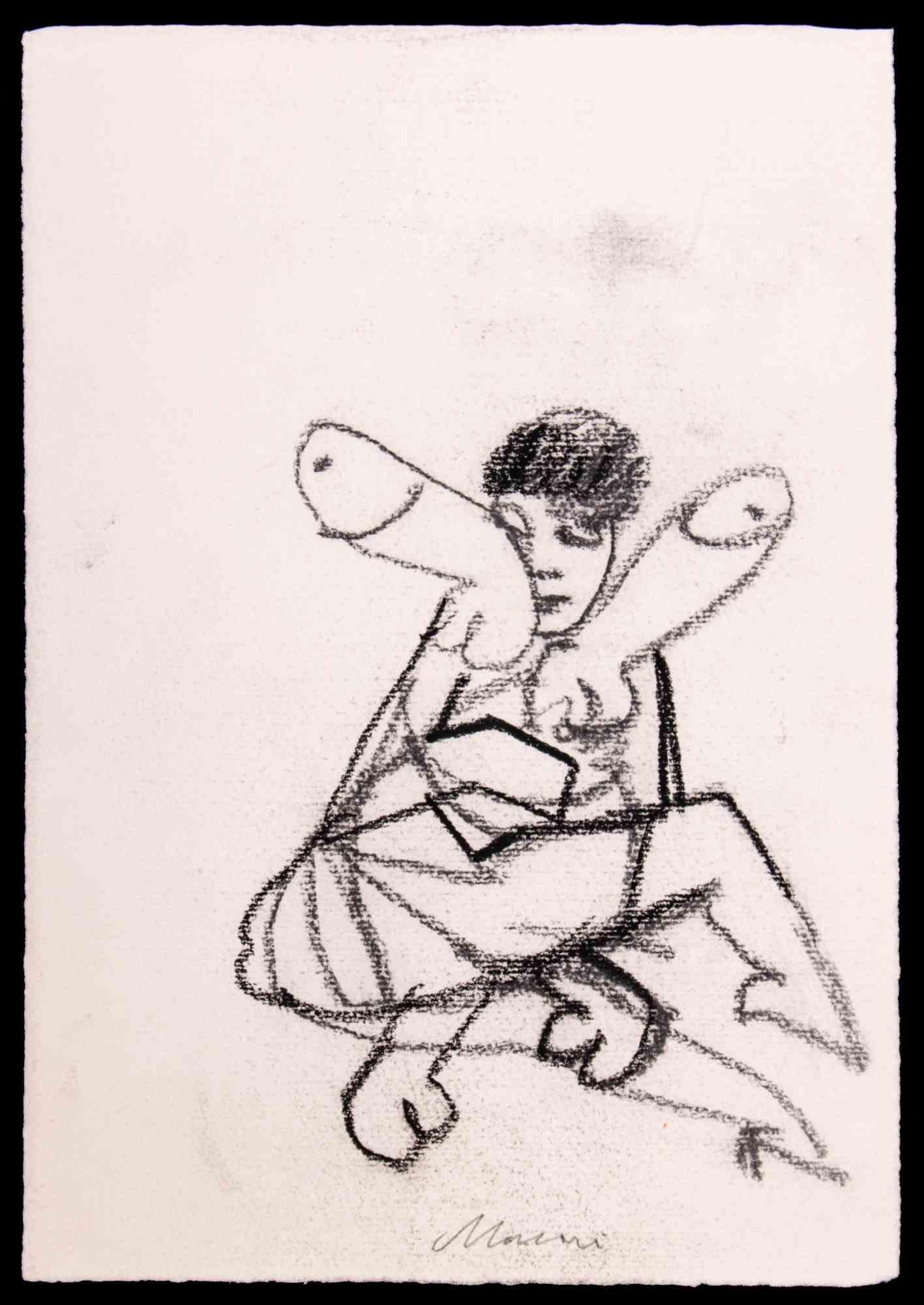 Erotic Scene - Charcoal Drawing by Mino Maccari - 1970