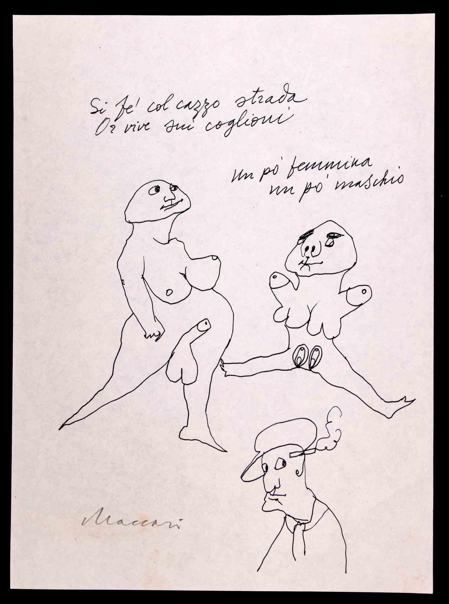 Erotische Figuren ist eine Federzeichnung von Mino Maccari aus dem Jahr 1970.

Handsigniert am unteren Rand.

Guter Zustand auf weißem Papier.

Mino Maccari (Siena, 1924-Rom, 16. Juni 1989) war ein italienischer Schriftsteller, Maler, Graveur und