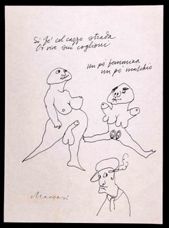 Retro Erotic Scene - Pen Drawing by Mino Maccari - 1970