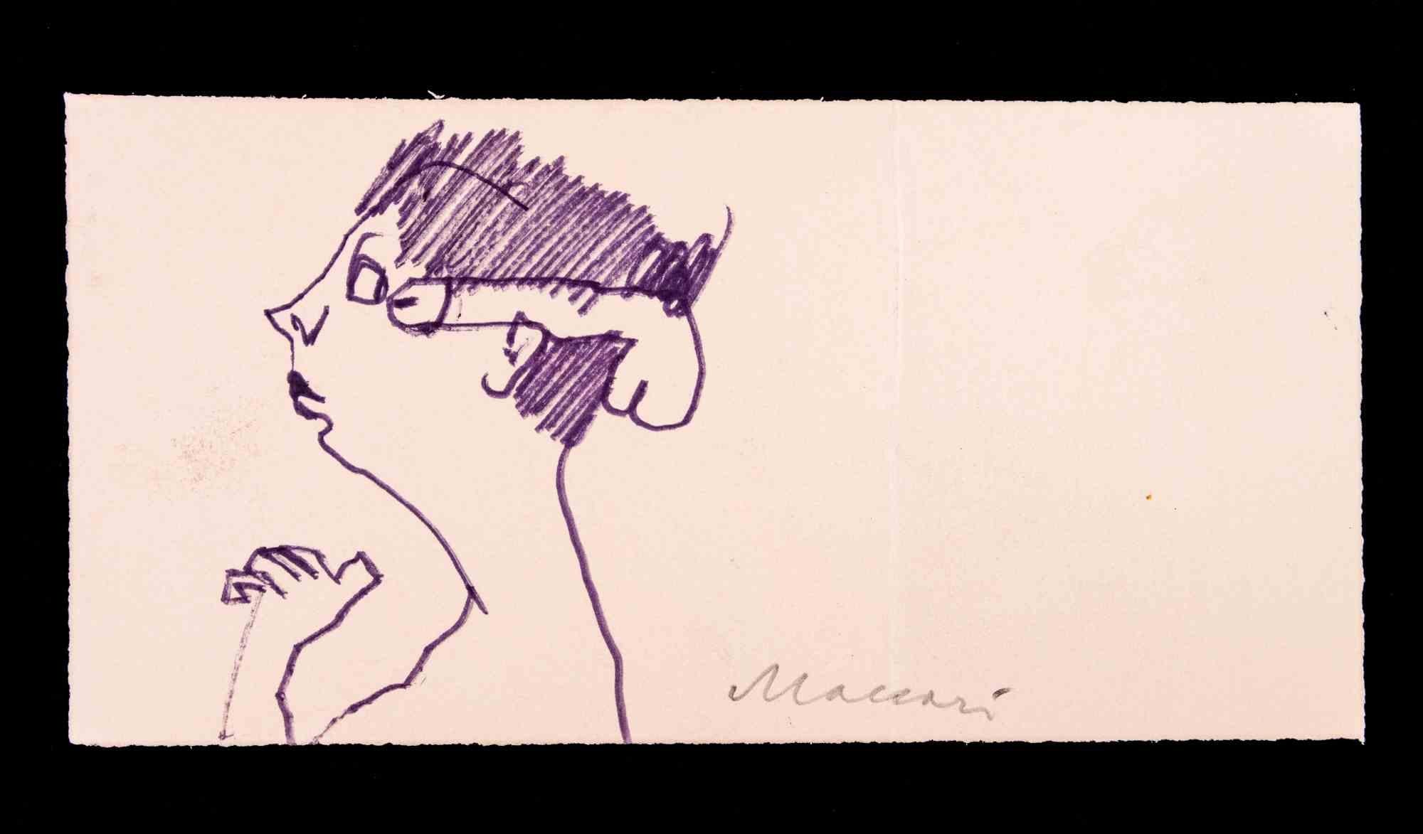 Woman's Profile  is a violet marker Drawing realized by Mino Maccari in 1970.

Hand-signed in the lower margin.

Good condition on a little yellowed cardboard.

Mino Maccari (Siena, 1924-Rome, June 16, 1989) was an Italian writer, painter, engraver
