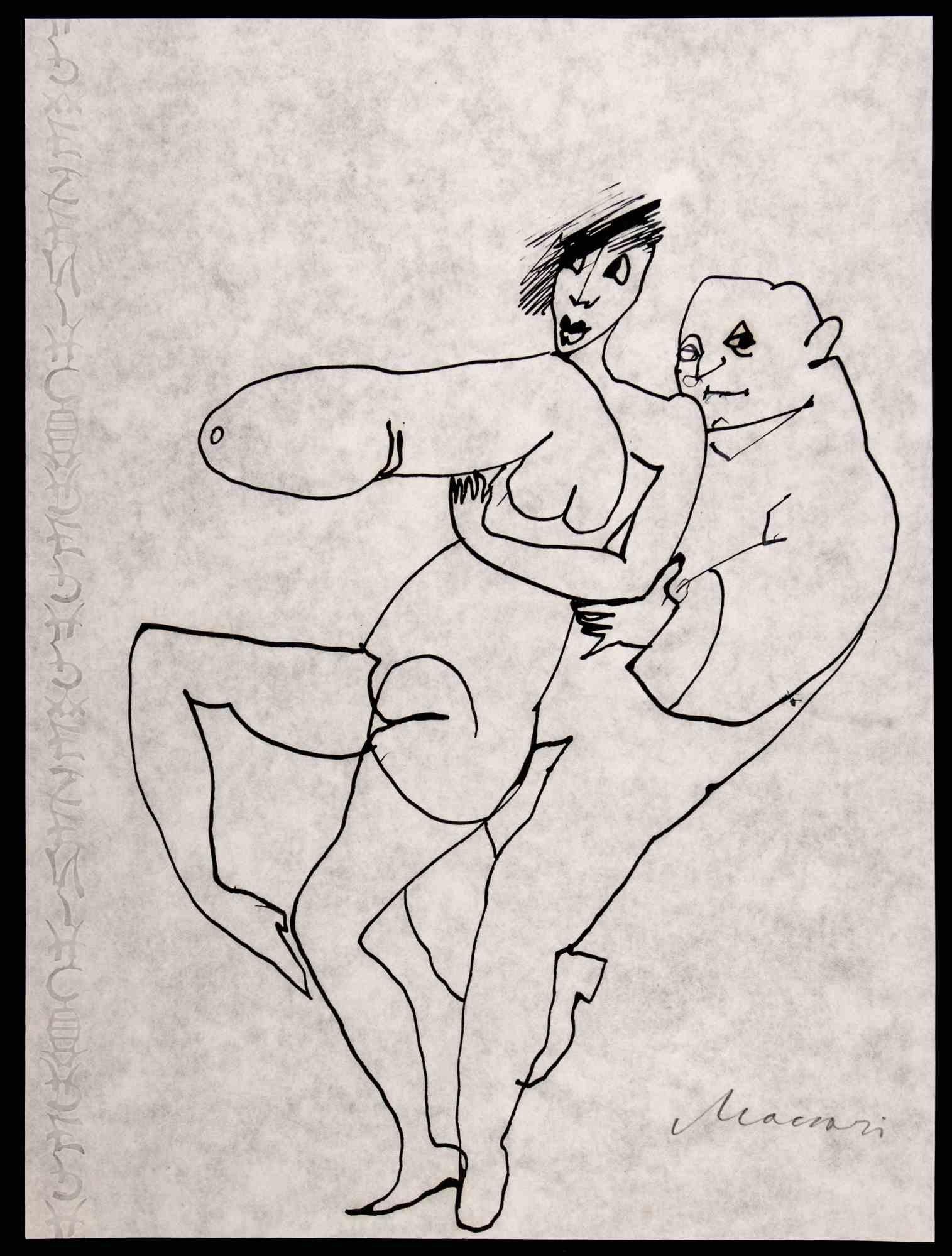 The Couple - Ink Drawing by Mino Maccari - 1970