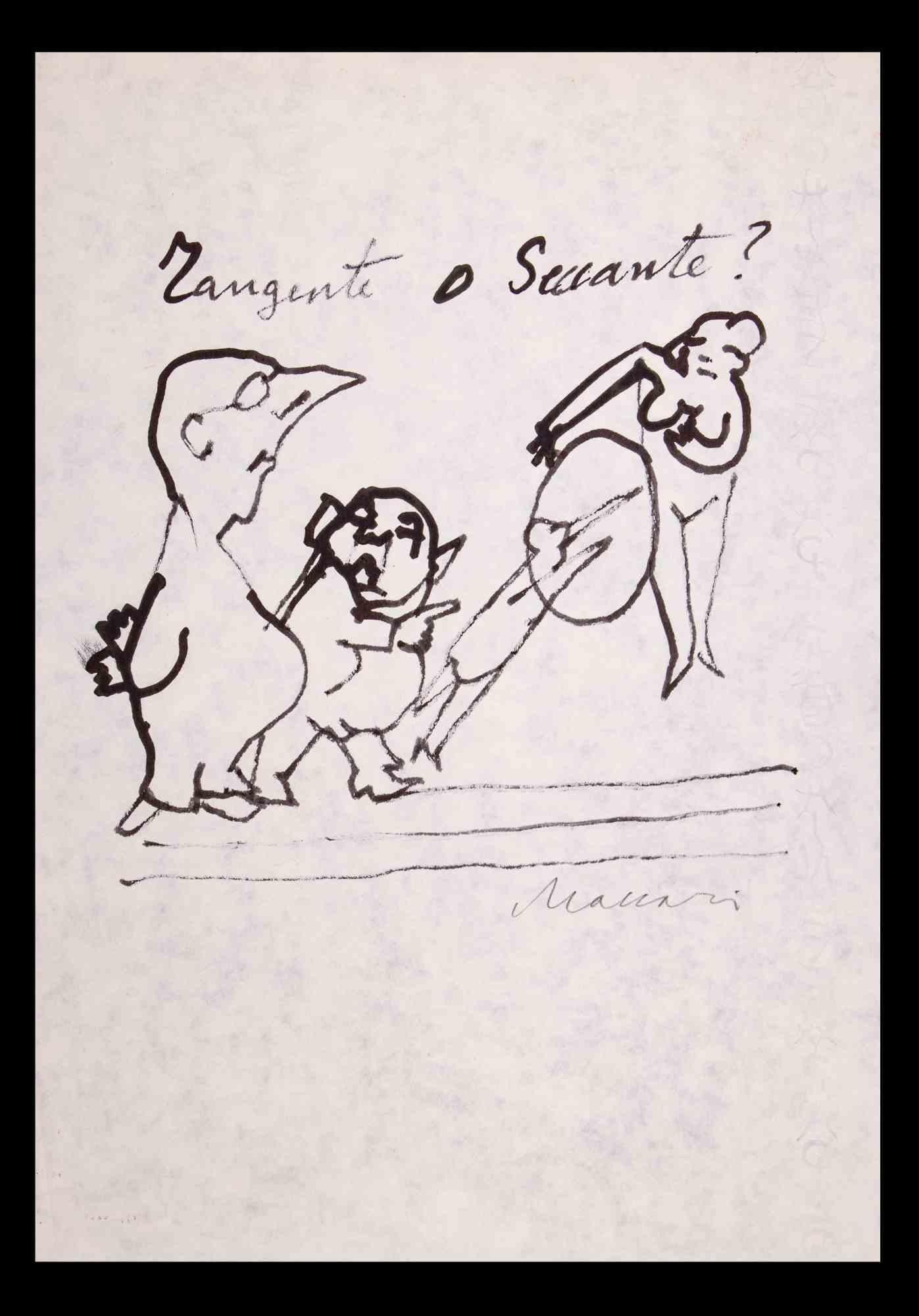 Tangent or Annoying? ist eine Federzeichnung von Mino Maccari (1924-1989) aus den 1970er Jahren.

Handsigniert am unteren Rand.

Guter Zustand auf weißem Papier.

Mino Maccari (Siena, 1924-Rom, 16. Juni 1989) war ein italienischer Schriftsteller,