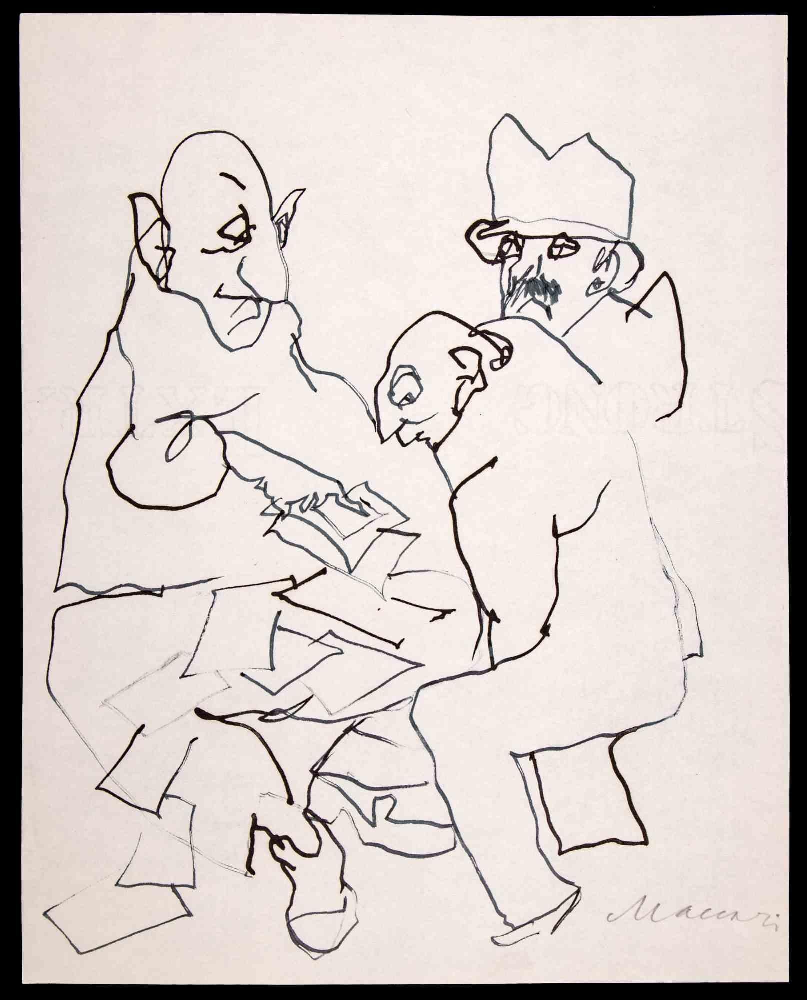 Figuren – Tuschezeichnung von Mino Maccari – 1970