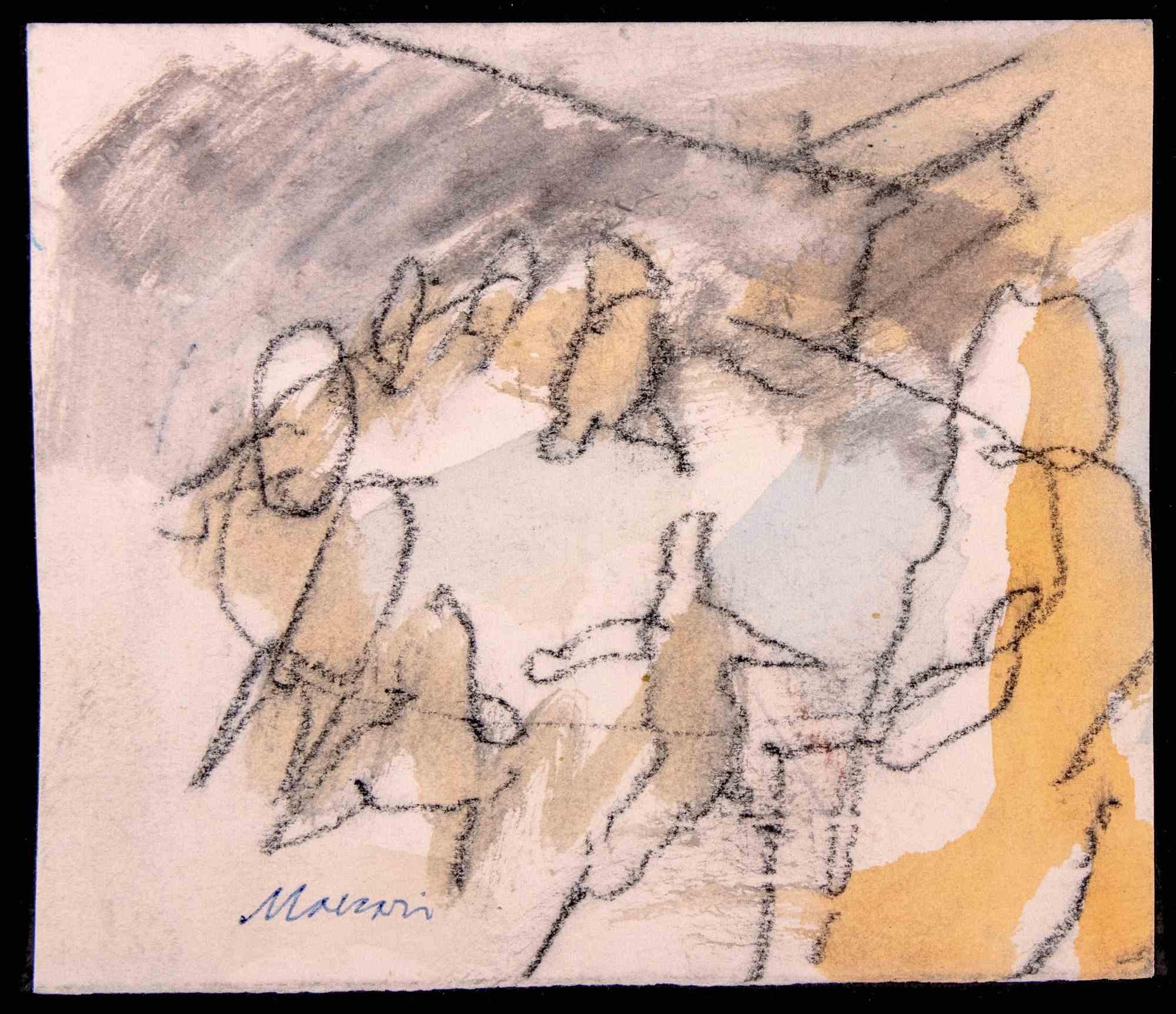 Figures - Pencil Drawing and Watercolour by Mino Maccari - 1980s