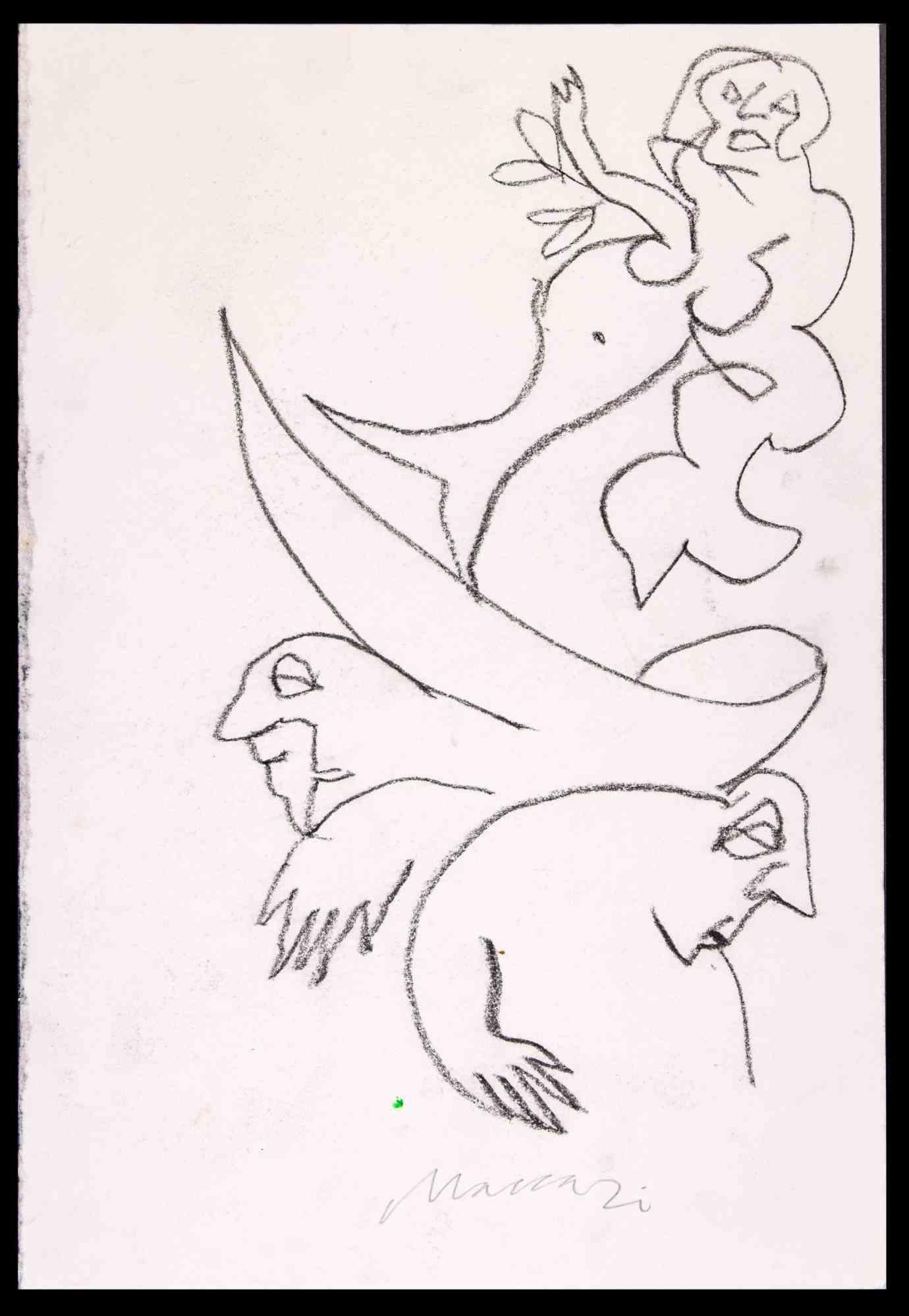 Mermaid - Charcoal Drawing by Mino Maccari - 1980