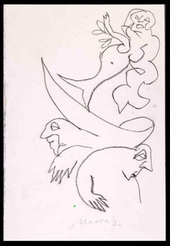 Mermaid - Drawing anthracite de Mino Maccari - 1980