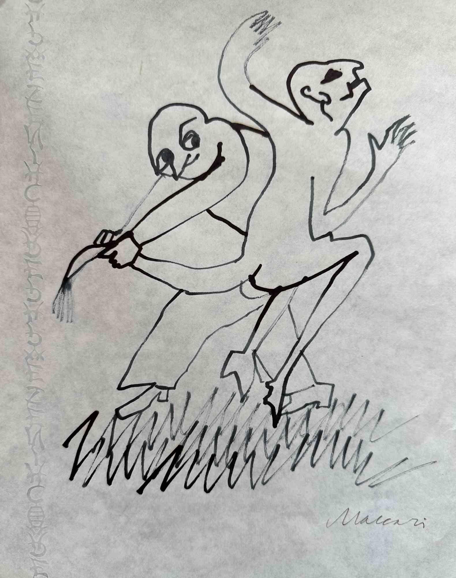 Dancing Figures - China Ink Drawing by Mino Maccari - 1975