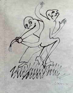 Vintage Dancing Figures - China Ink Drawing by Mino Maccari - 1975