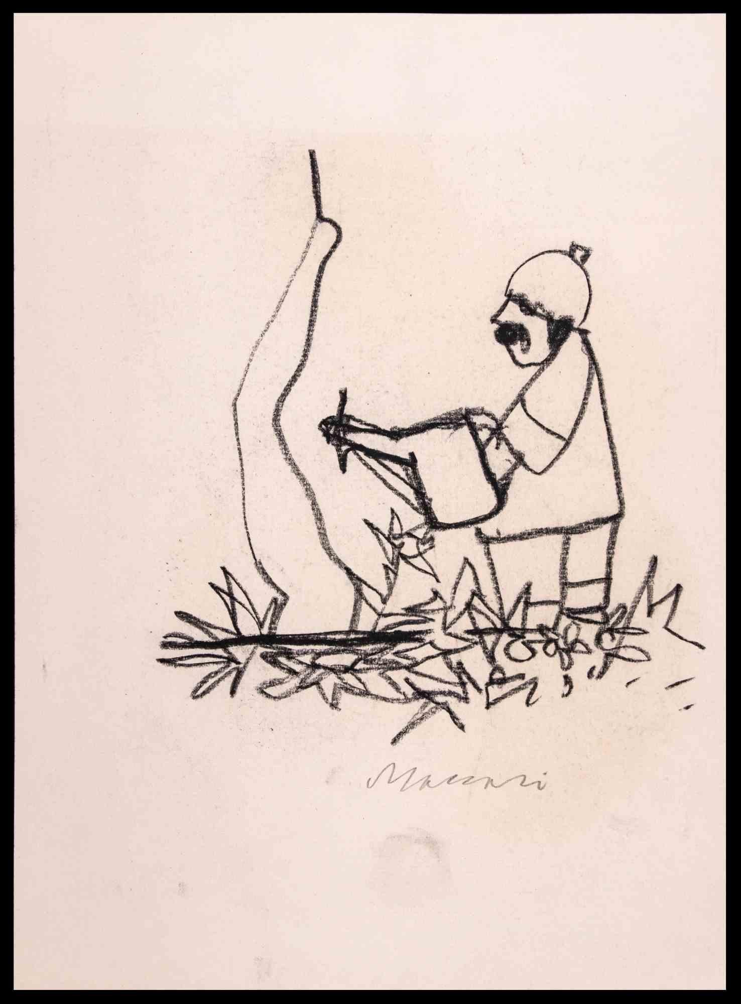 Gärtner ist eine Kohlezeichnung von Mino Maccari (1924-1989) aus den 1970er Jahren.

Am unteren Rand handsigniert und betitelt.

Guter Zustand auf einem cremefarbenen Papier.

Mino Maccari (Siena, 1924-Rom, 16. Juni 1989) war ein italienischer