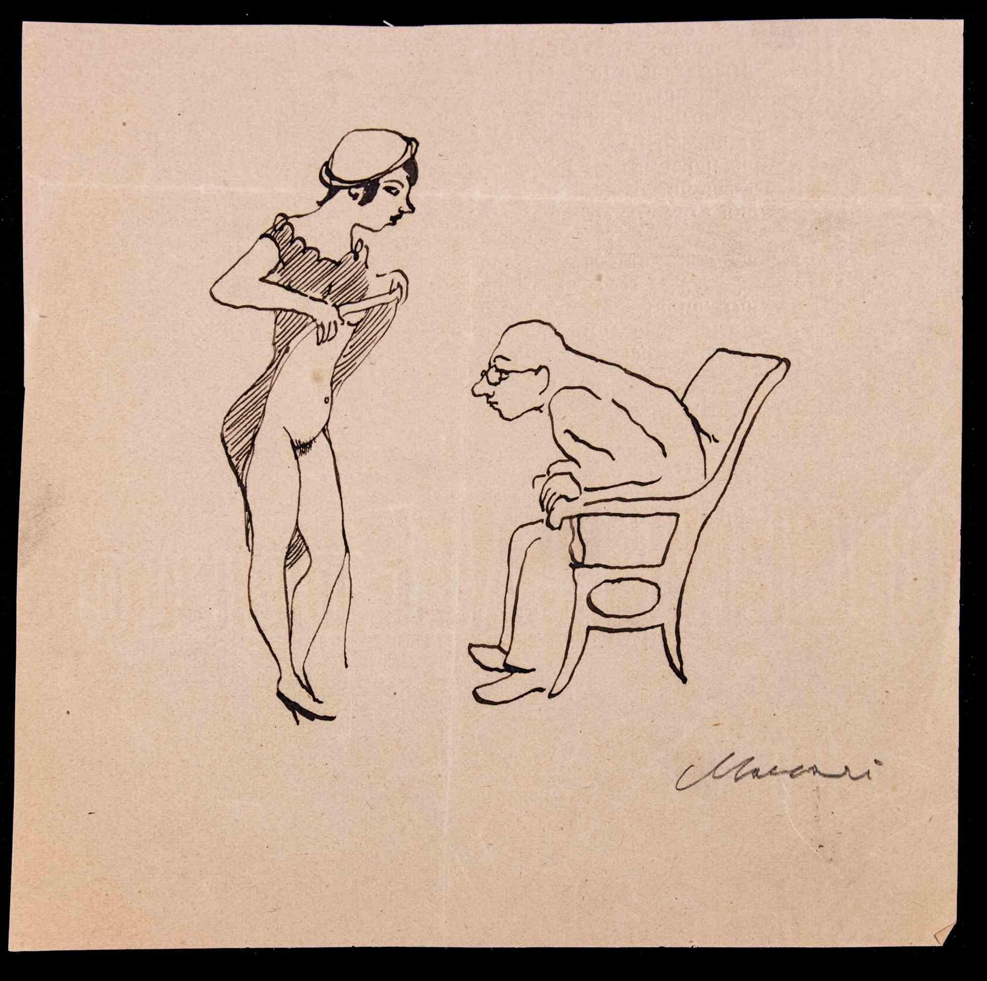 Scholar est un dessin à l'encre de Chine réalisé par Mino Maccari (1924-1989) dans les années 1940.

Signé à la main dans la marge inférieure.

Bon état sur un papier un peu jauni.

Mino Maccari (Sienne, 1924-Rome, 16 juin 1989) est un écrivain,