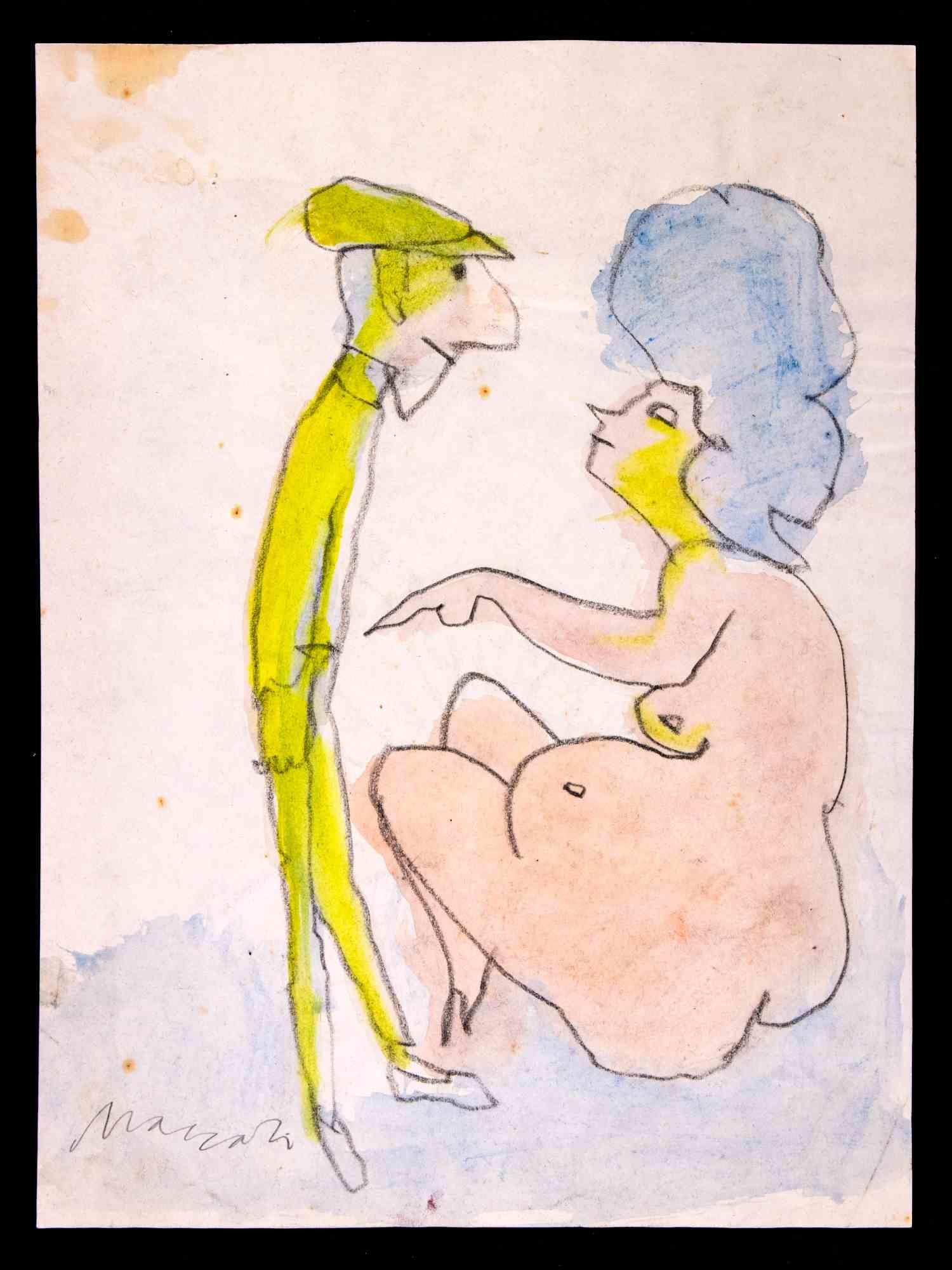 The Couple is a Pencil, pastel and Watercolour drawing realized by Mino Maccari (1924-1989) in 1980s.

Hand-signed on the lower margin.

Good condition on a white paper.

Mino Maccari (Siena, 1924-Rome, June 16, 1989) was an Italian writer, painter,