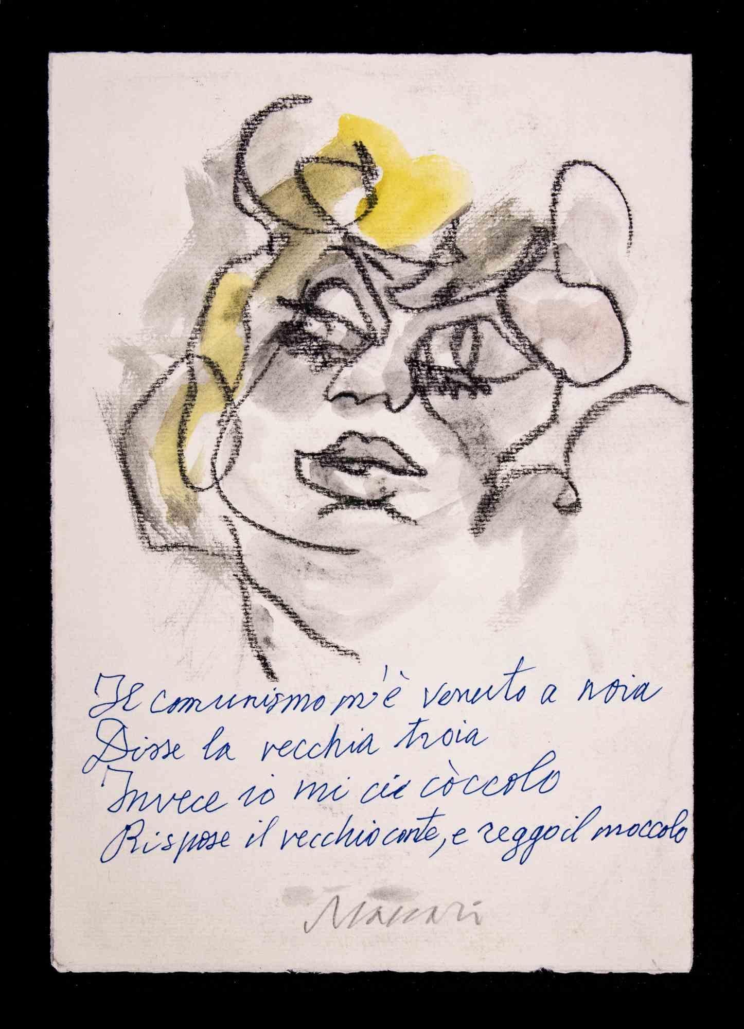 Communism Came to Me to Boredom ist eine Kohle und Aquarell Zeichnung und Pastell realisiert von Mino Maccari  (1924-1989) in den 1980er Jahren.

Handsigniert am unteren Rand.

Guter Zustand auf einer kleinen Pappe.

Mino Maccari (Siena, 1924-Rom,