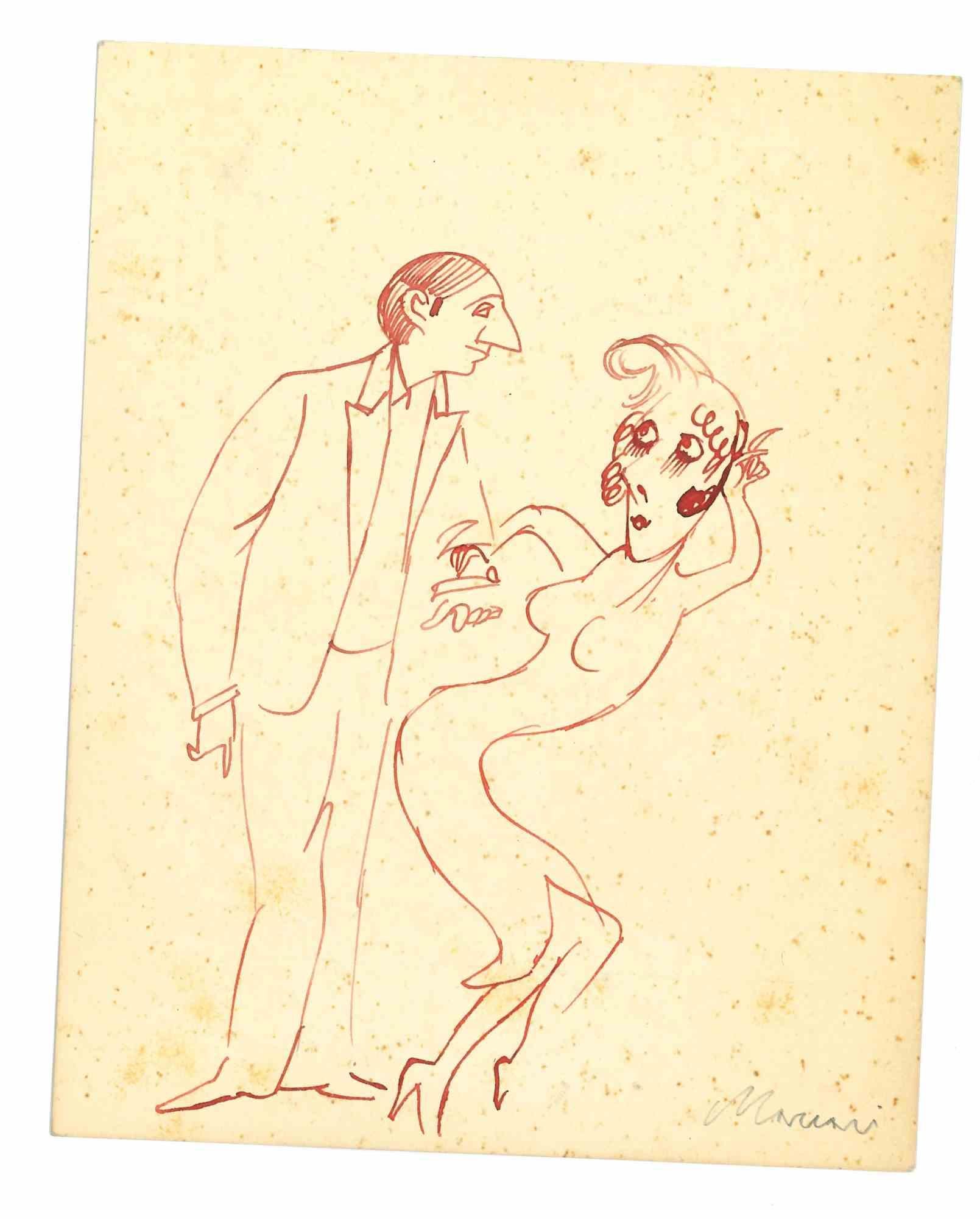 The Couple - Drawing de Mino Maccari - années 1930