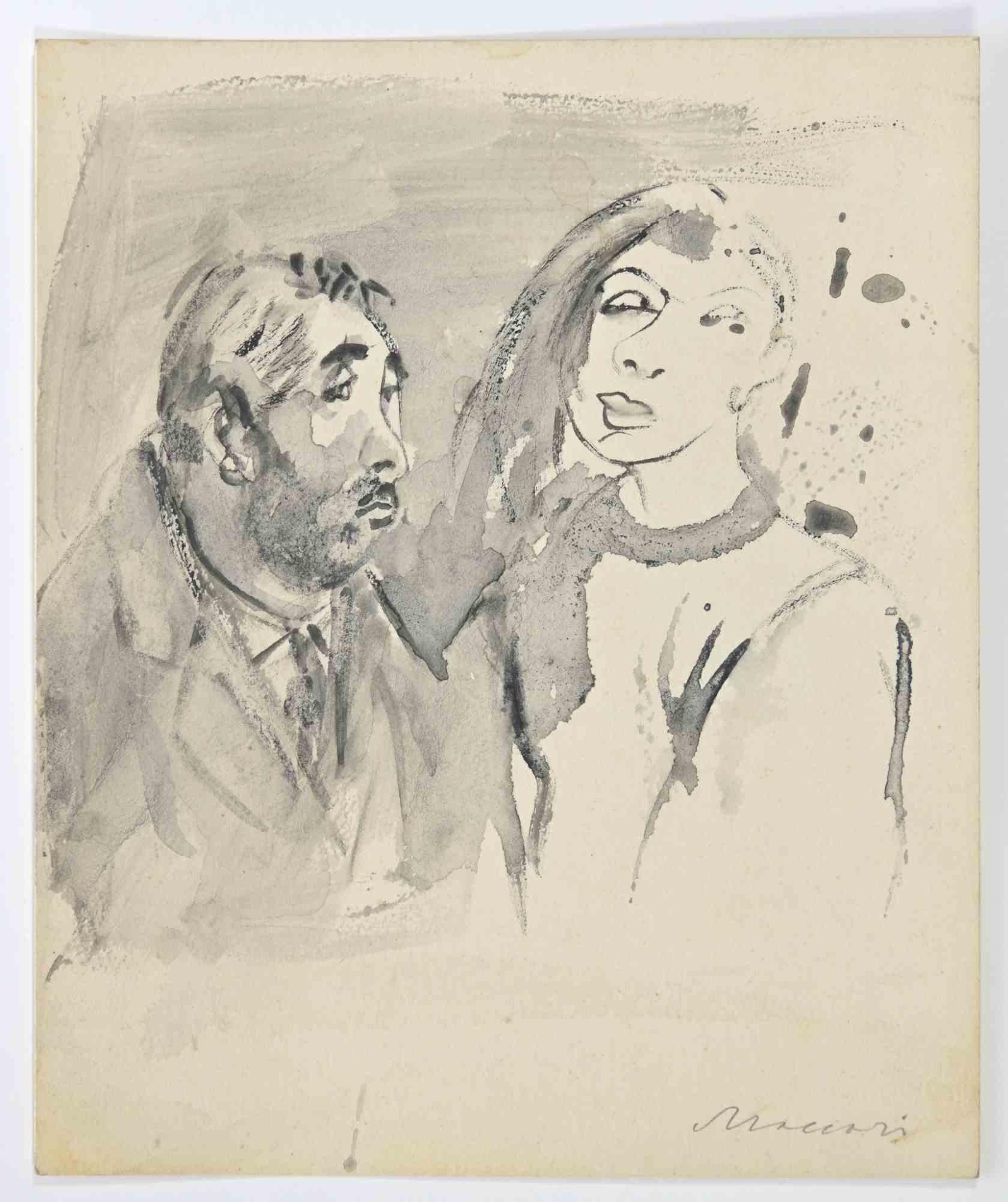 The Couple is a watercolor Drawing realized by Mino Maccari  (1924-1989) in 1940 ca.

Hand-signed on the lower margin.

Good condition.

Mino Maccari (Siena, 1924-Rome, June 16, 1989) was an Italian writer, painter, engraver and journalist, winner