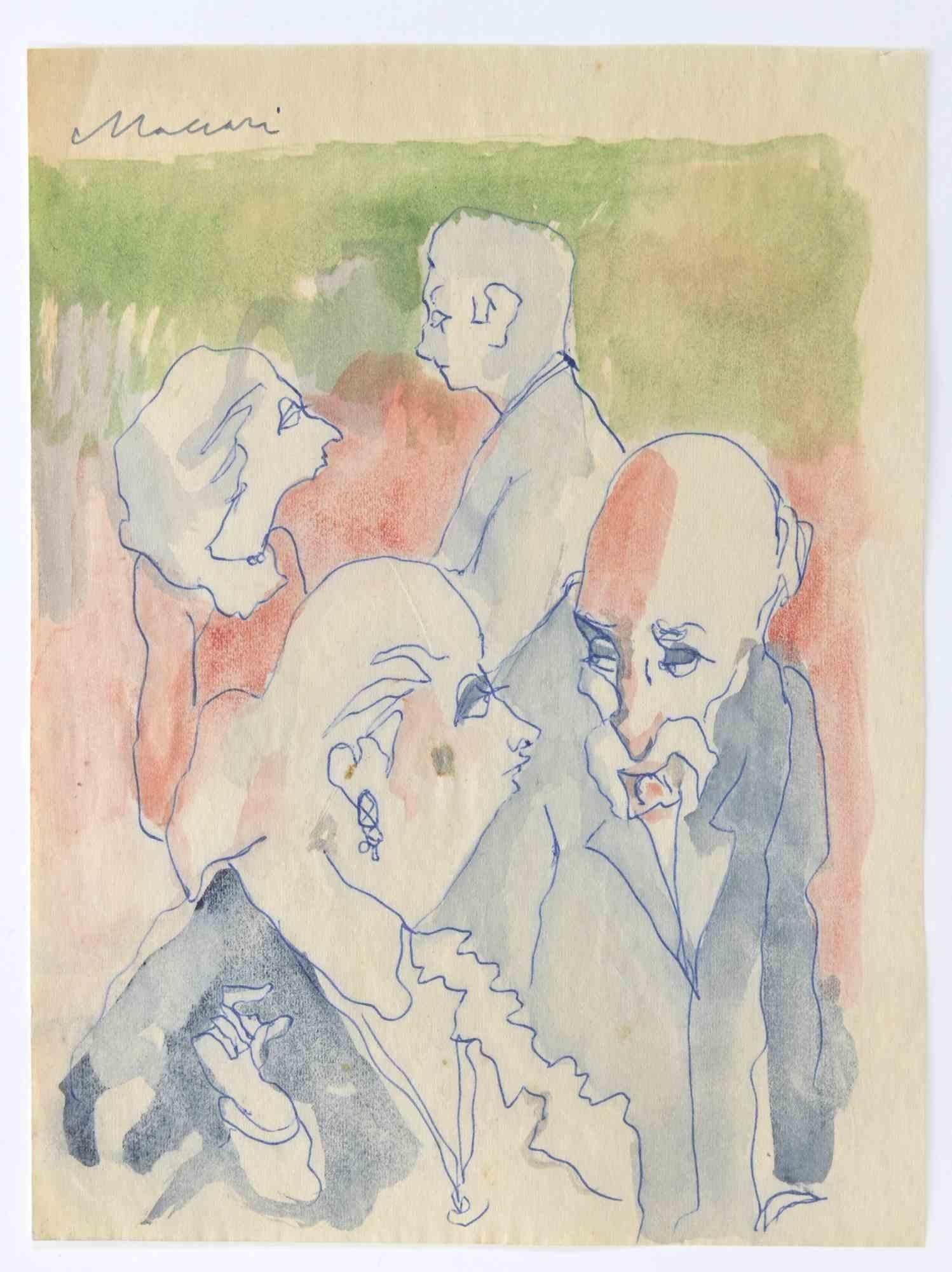 The Couples is a Pen and watercolor Drawing realized by Mino Maccari  (1924-1989) in the 1960s.

Hand-signed at the top margin.

Good conditions.

Mino Maccari (Siena, 1924-Rome, June 16, 1989) was an Italian writer, painter, engraver and