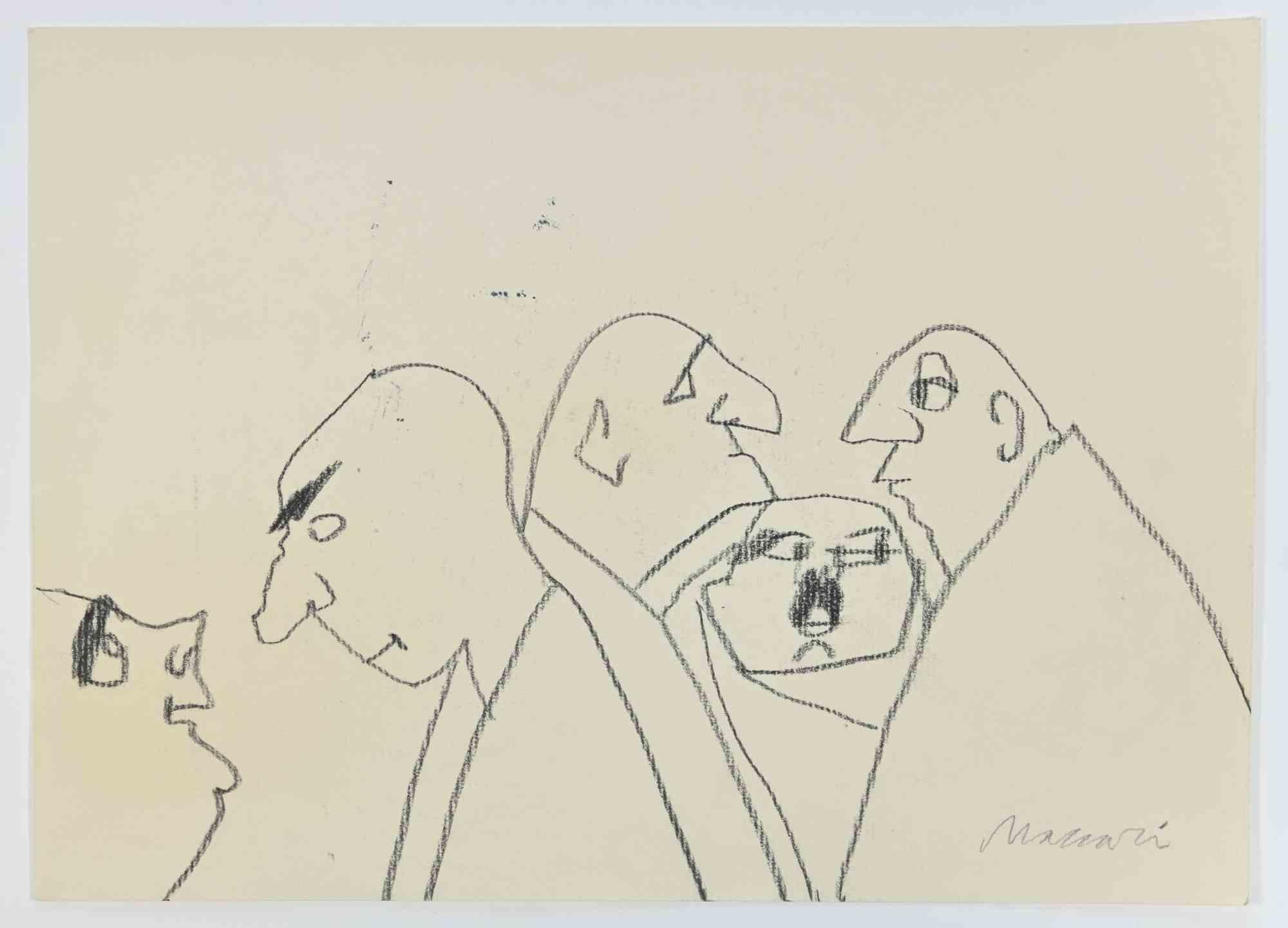 Dessin d'hommes barbus par Mino Maccari, années 1960