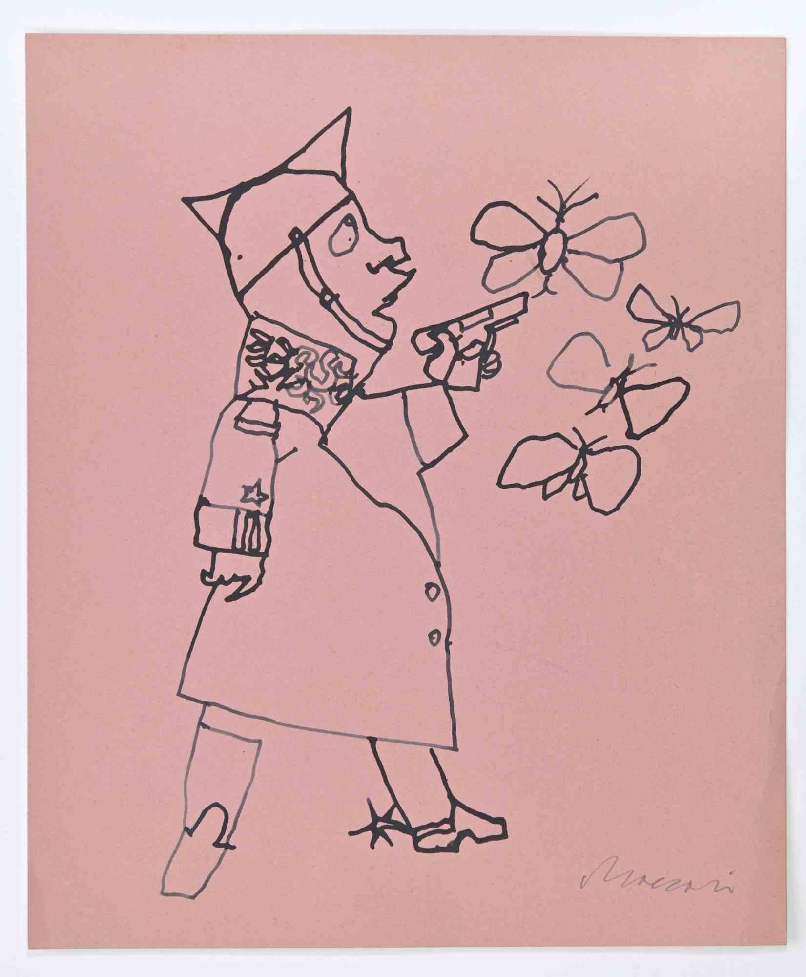 Soldat und Schmetterlinge ist eine Tuschezeichnung von Mino Maccari (1924-1989) aus dem Jahr 1965.

Handsigniert am unteren Rand.

Guter Zustand.

Mino Maccari (Siena, 1924-Rom, 16. Juni 1989) war ein italienischer Schriftsteller, Maler, Graveur und