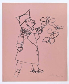 Vintage Soldier and Butterflies - Drawing by Mino Maccari - 1965