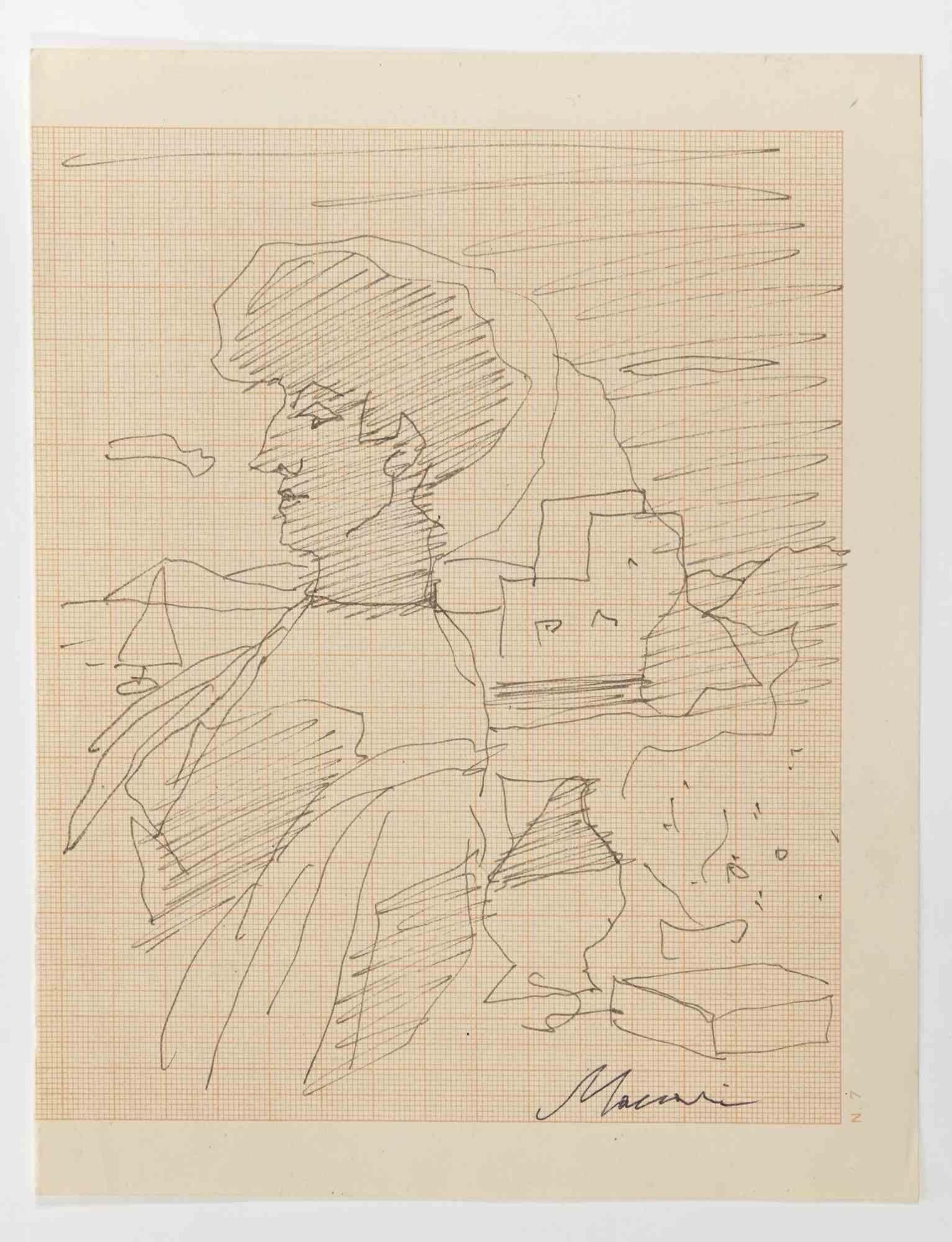 Donna nel paesaggio - Disegno di Mino Maccari - Anni '60