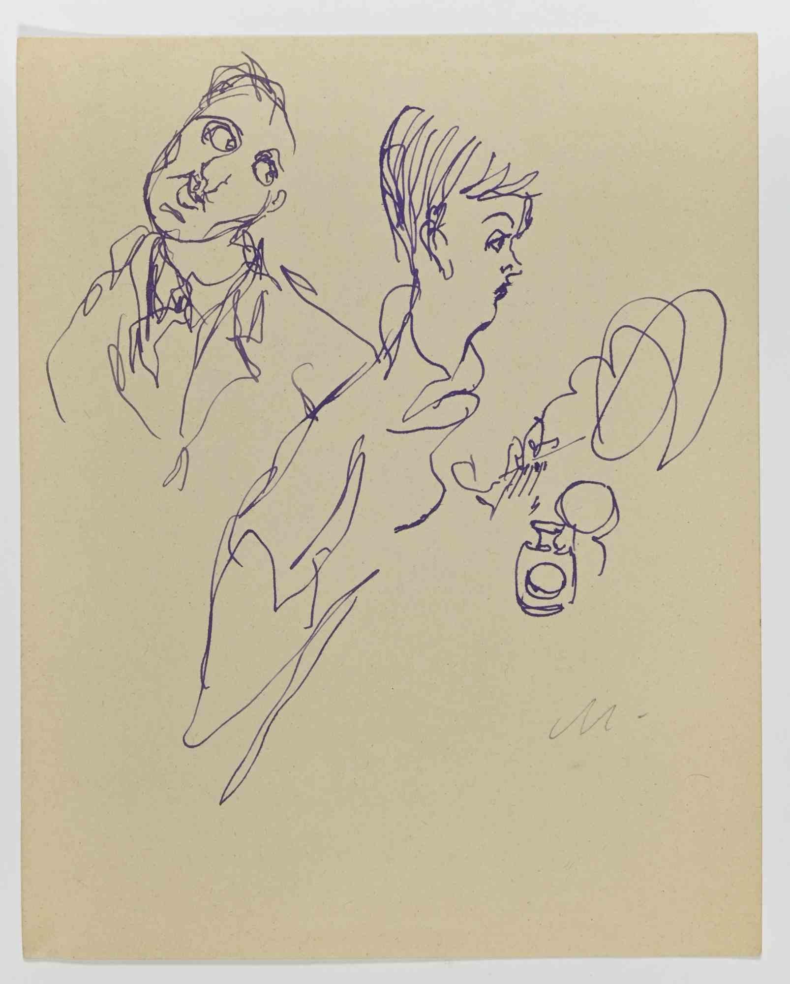 The Couple - Drawing by Mino Maccari - 1940s